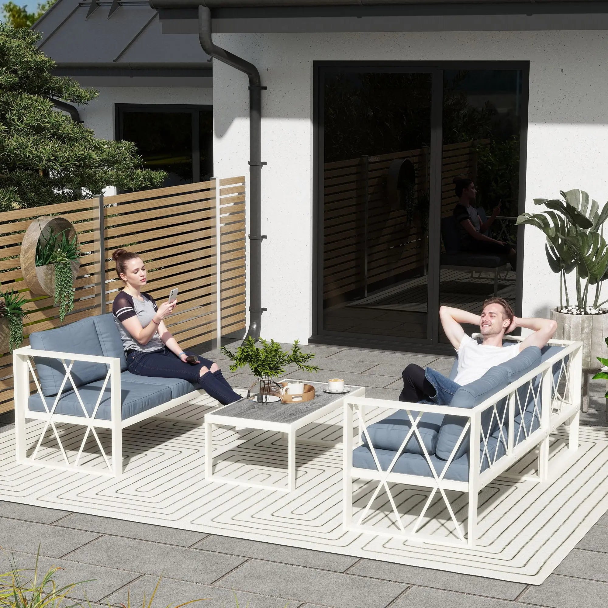 Outsunny Four-Piece L Shaped Garden Furniture Set with 5-Level Adjustable Lounger - Grey