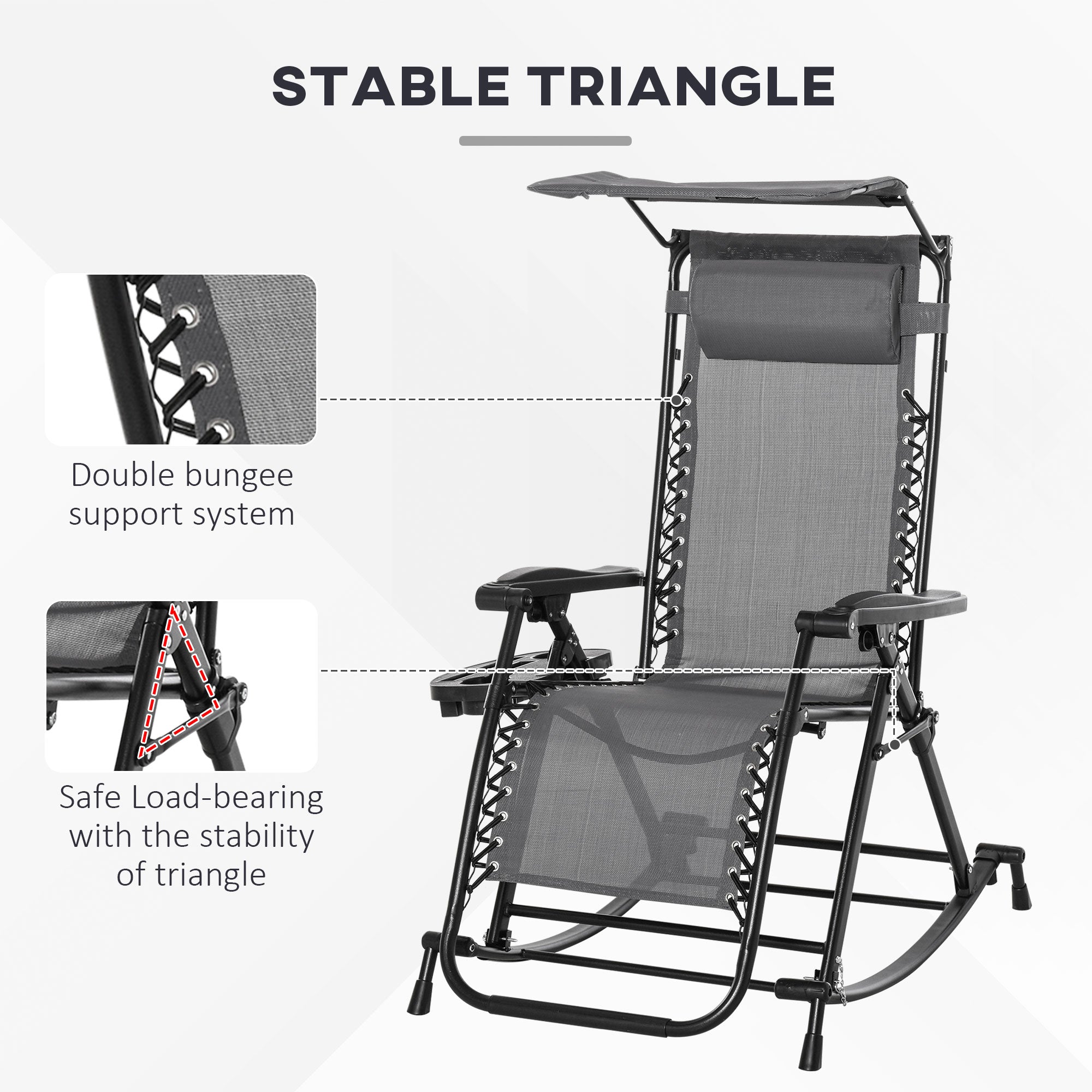 Outsunny Garden Rocking Chair Folding Recliner Outdoor Adjustable Sun Lounger Rocker Zero-Gravity Seat with Headrest Side Holder Patio Deck - Grey