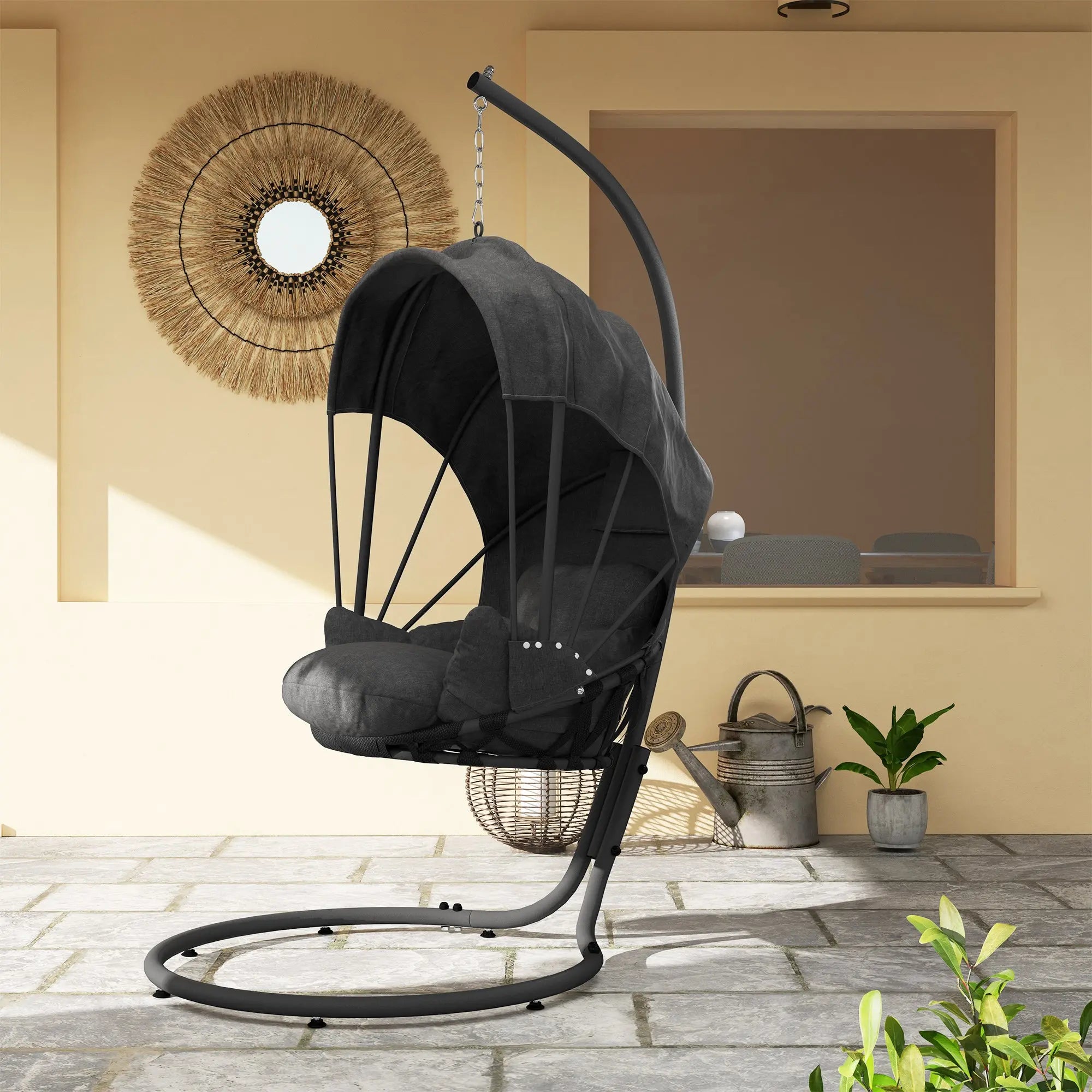 Outsunny Hanging Egg Chair Swing Hammock Chair with Stand, Cushion and Retractable Canopy, for Indoor and Outdoor, Grey