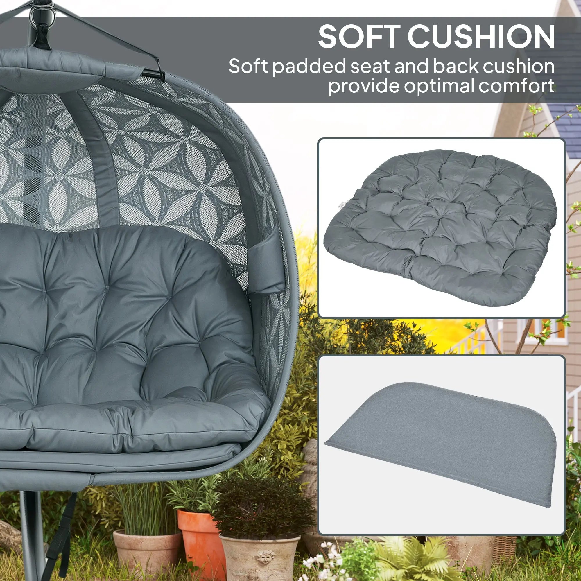 Outsunny Outdoor Double Hanging Chair with Cushion and Cup Holders, Charcoal Grey