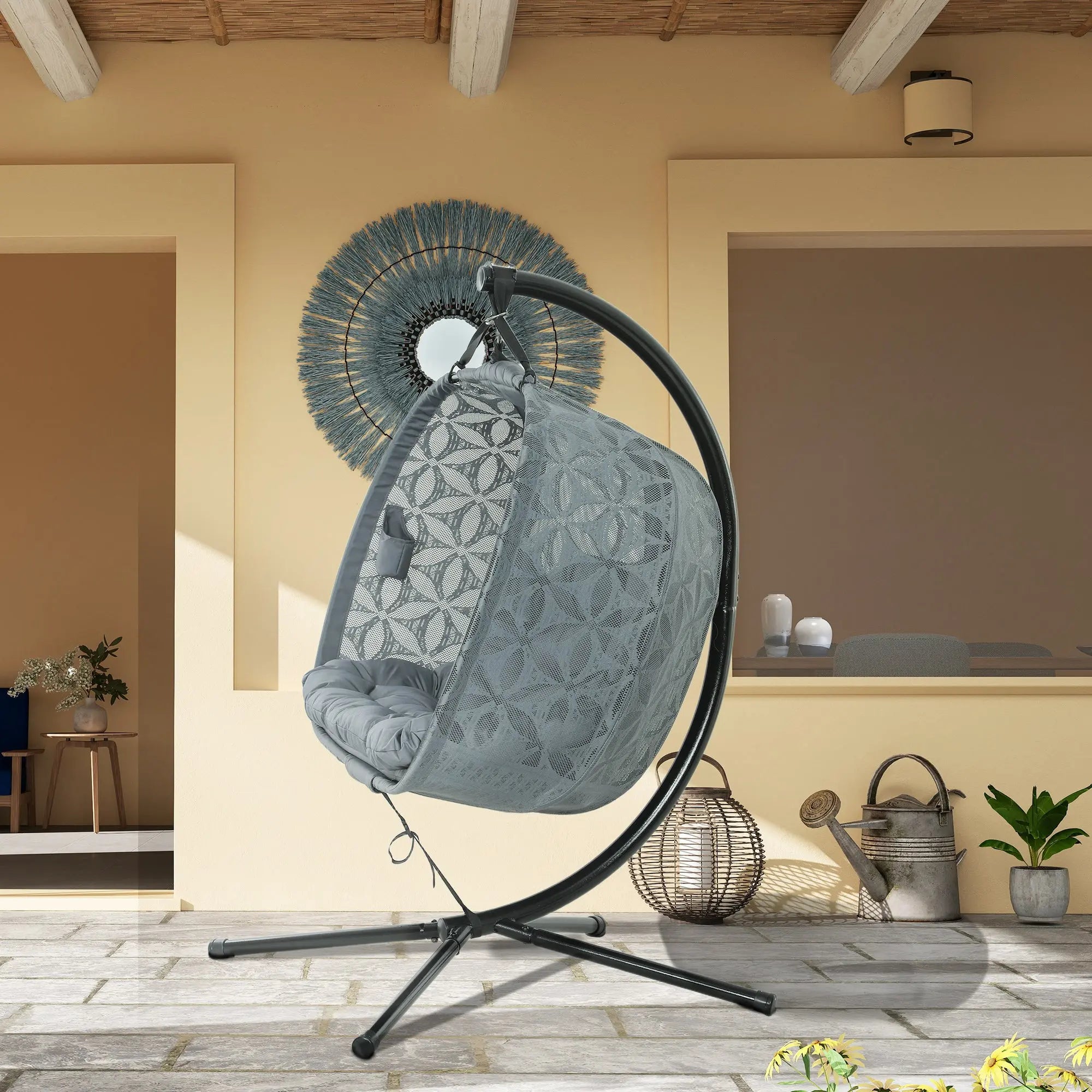 Outsunny Outdoor Double Hanging Chair with Cushion and Cup Holders, Charcoal Grey