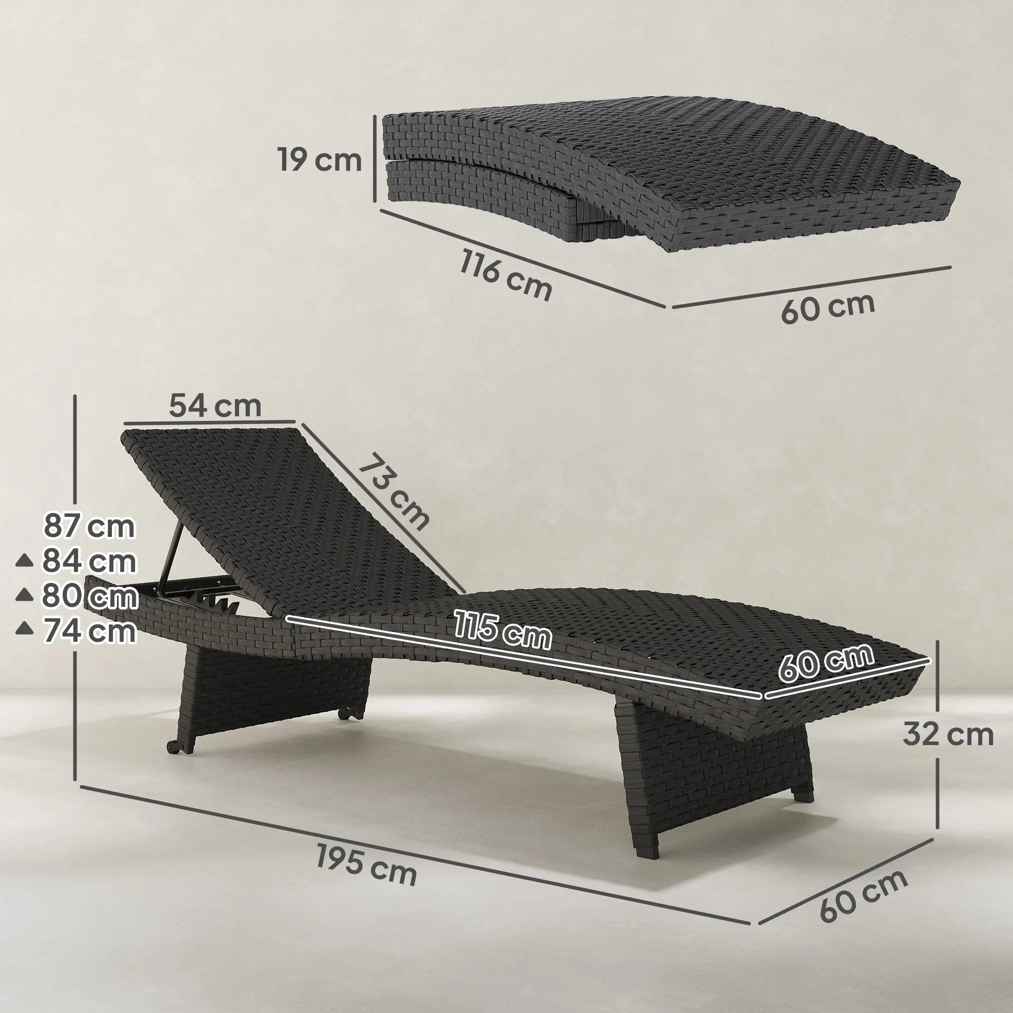 Outsunny Outdoor PE Rattan Sun Lounger, Folding Wicker Garden Lounger Recliner with 4-Level Adjustable Backrest, Rolling Sunbed Lounge Chair with Wheels, Non-Slip Legs for Balcony, Beach, Black