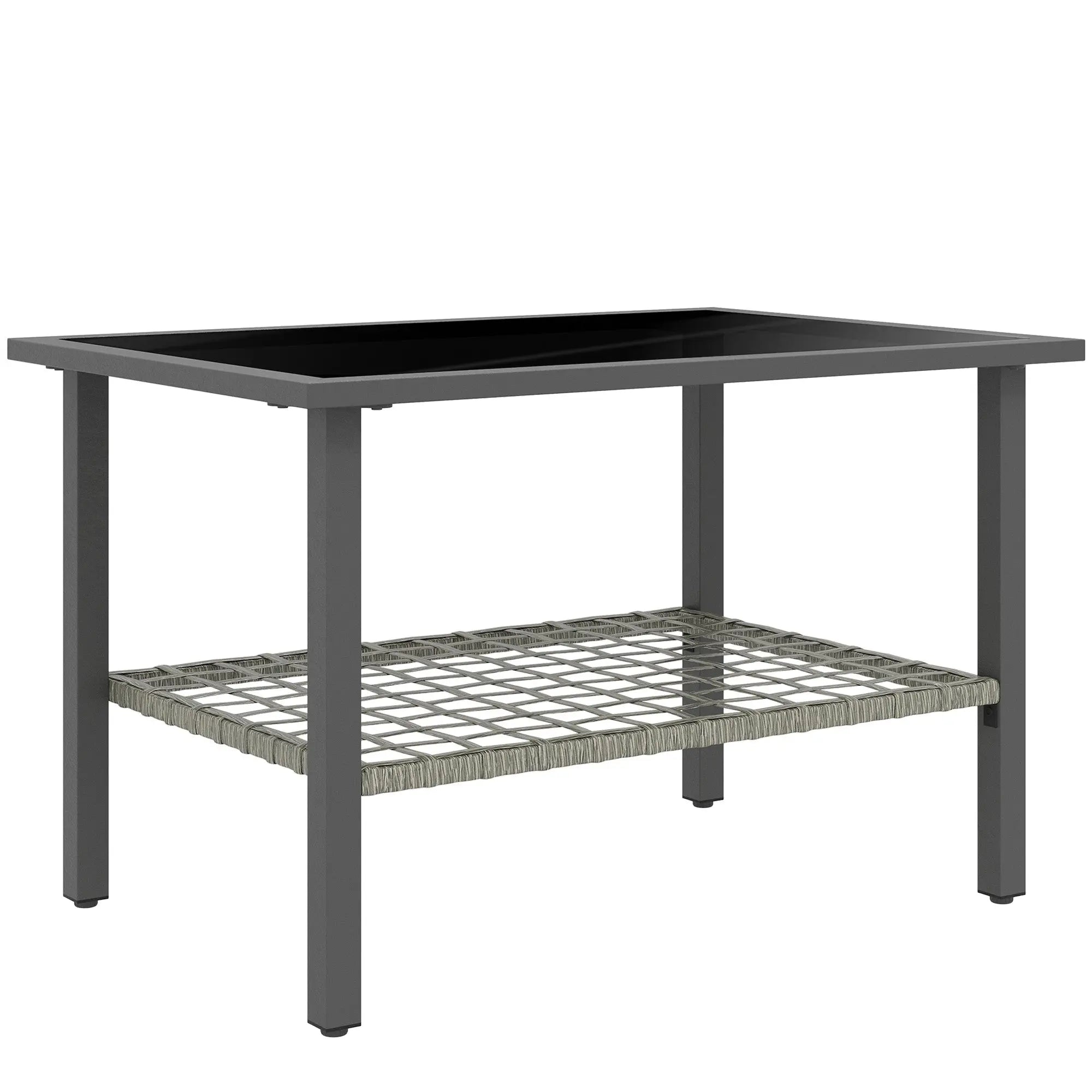 Outsunny Outdoor Rattan Coffee Table with Tempered Glass Top, Storage Shelf, Foot Pads, for Patio, Balcony, Mixed-grey