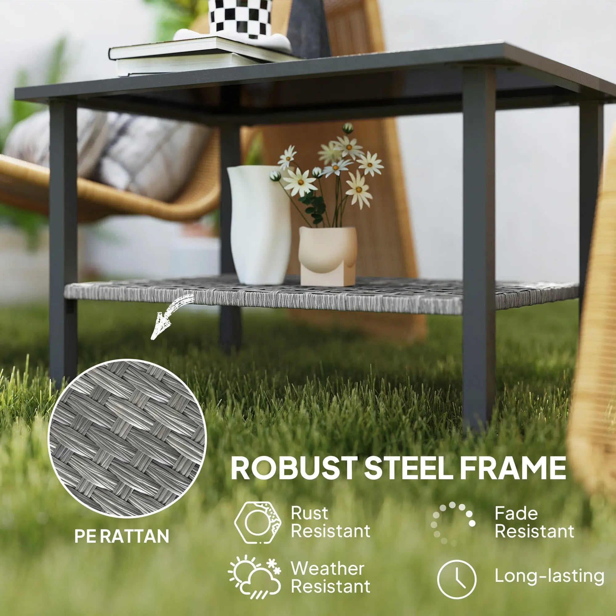 Outsunny Outdoor Rattan Coffee Table with Tempered Glass Top, Storage Shelf, Foot Pads, for Patio, Balcony, Mixed-grey