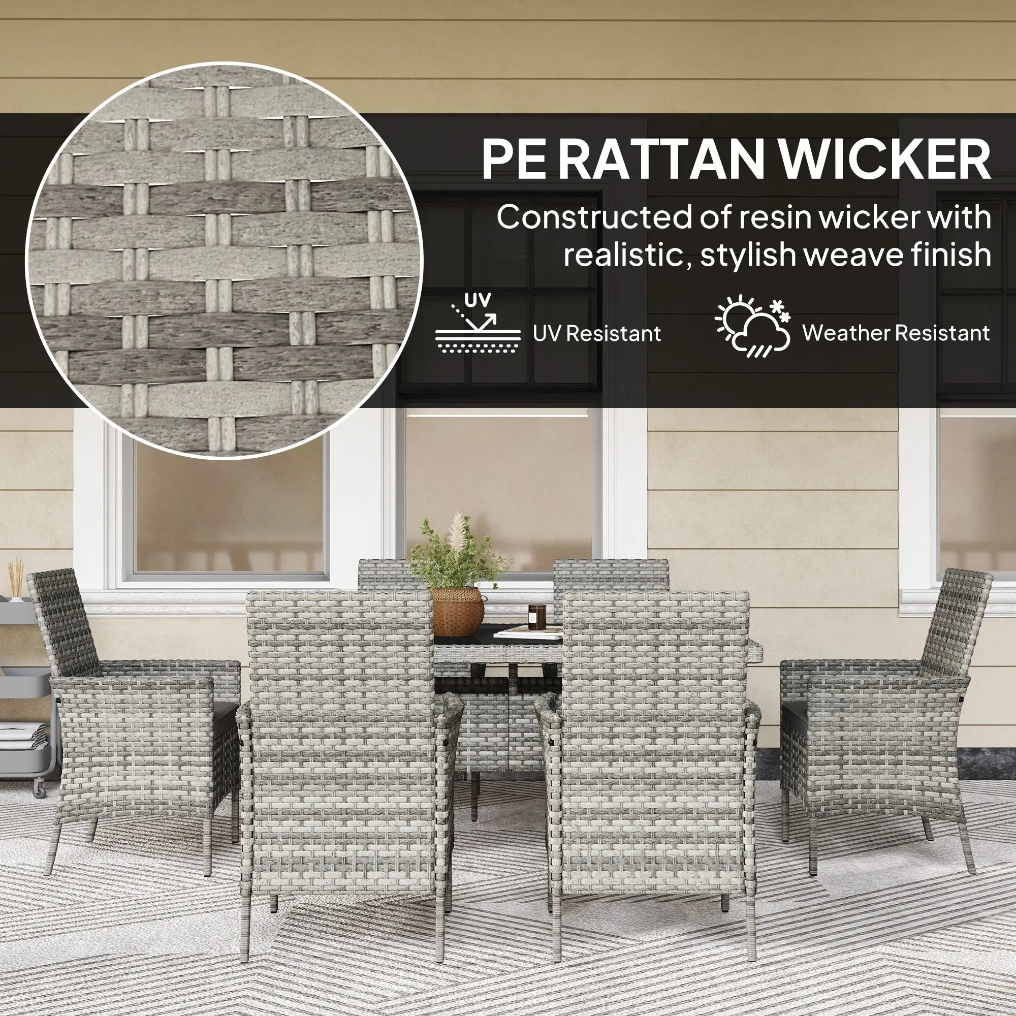 Outsunny Rattan Garden Furniture Set, 6 Seater Outdoor Dining Table and Chairs with Cushions, 150 x 90cm Rectangular Tempered Glass Table, 6 Armchairs, for Terrace, Conservatory, Balcony, Mixed-Grey