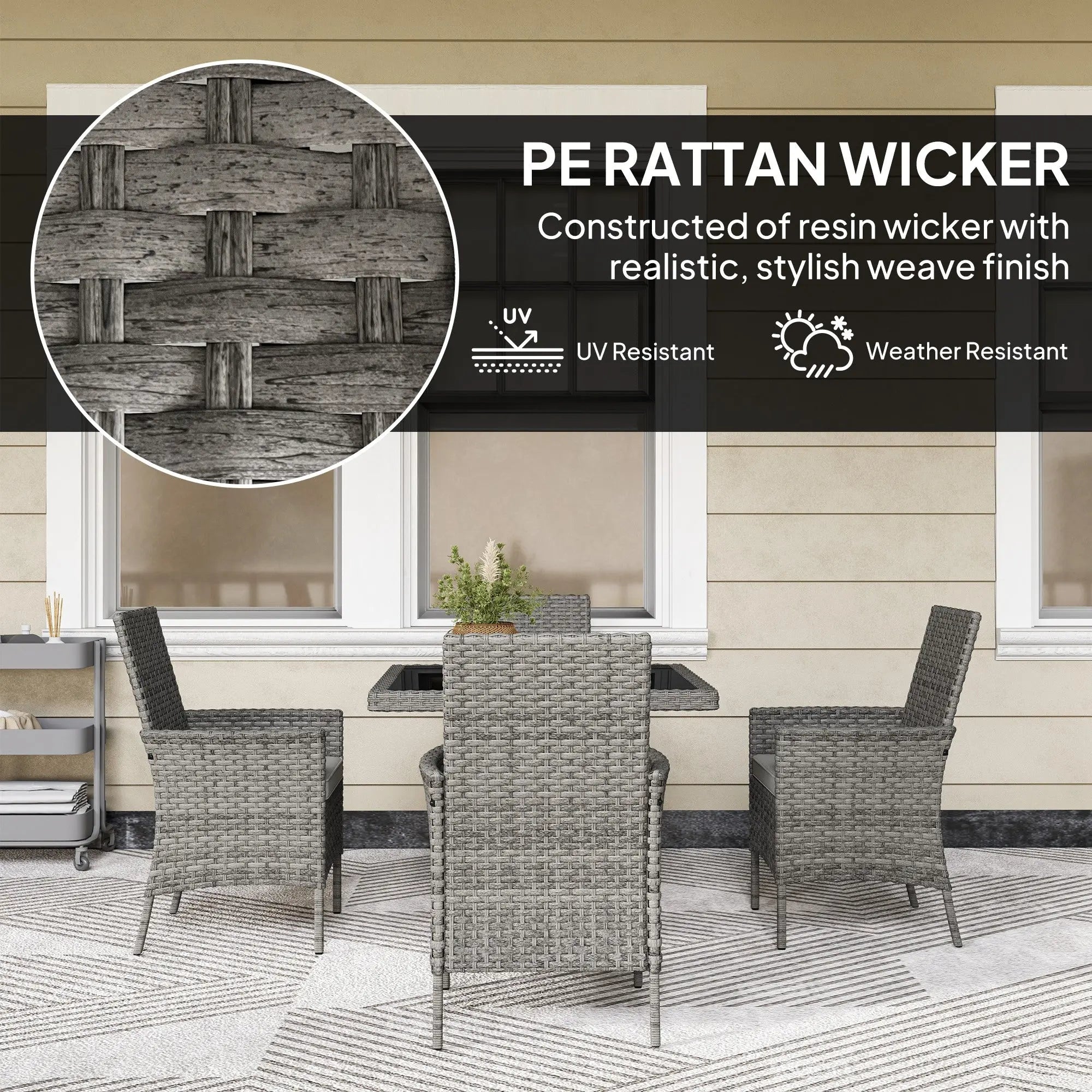 Outsunny Rattan Garden Furniture Set, Outdoor Dining Table and Chairs 4 Seater with Cushions, Square Tempered Glass Top, 4 Armchairs, for Balcony, Terrace, Conservatory, Grey