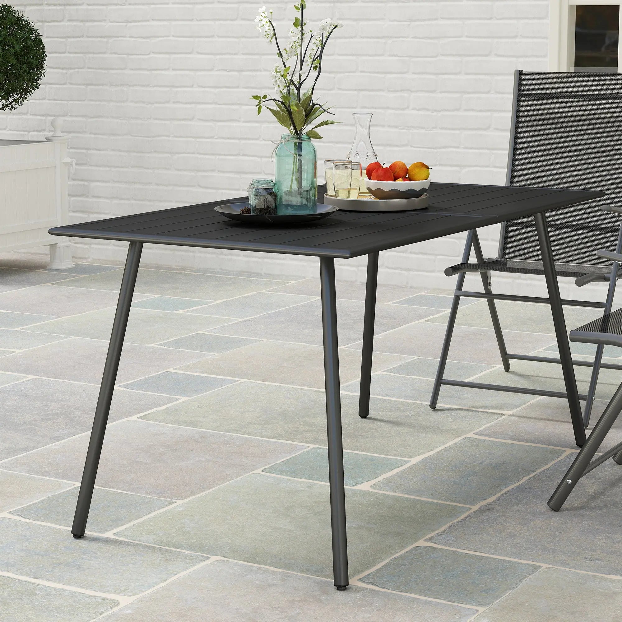 Outsunny Rectangle Garden Table with Slat Top, Steel Frame, Outdoor Table for 6 Person, 150 x 80 x 74 cm, Black