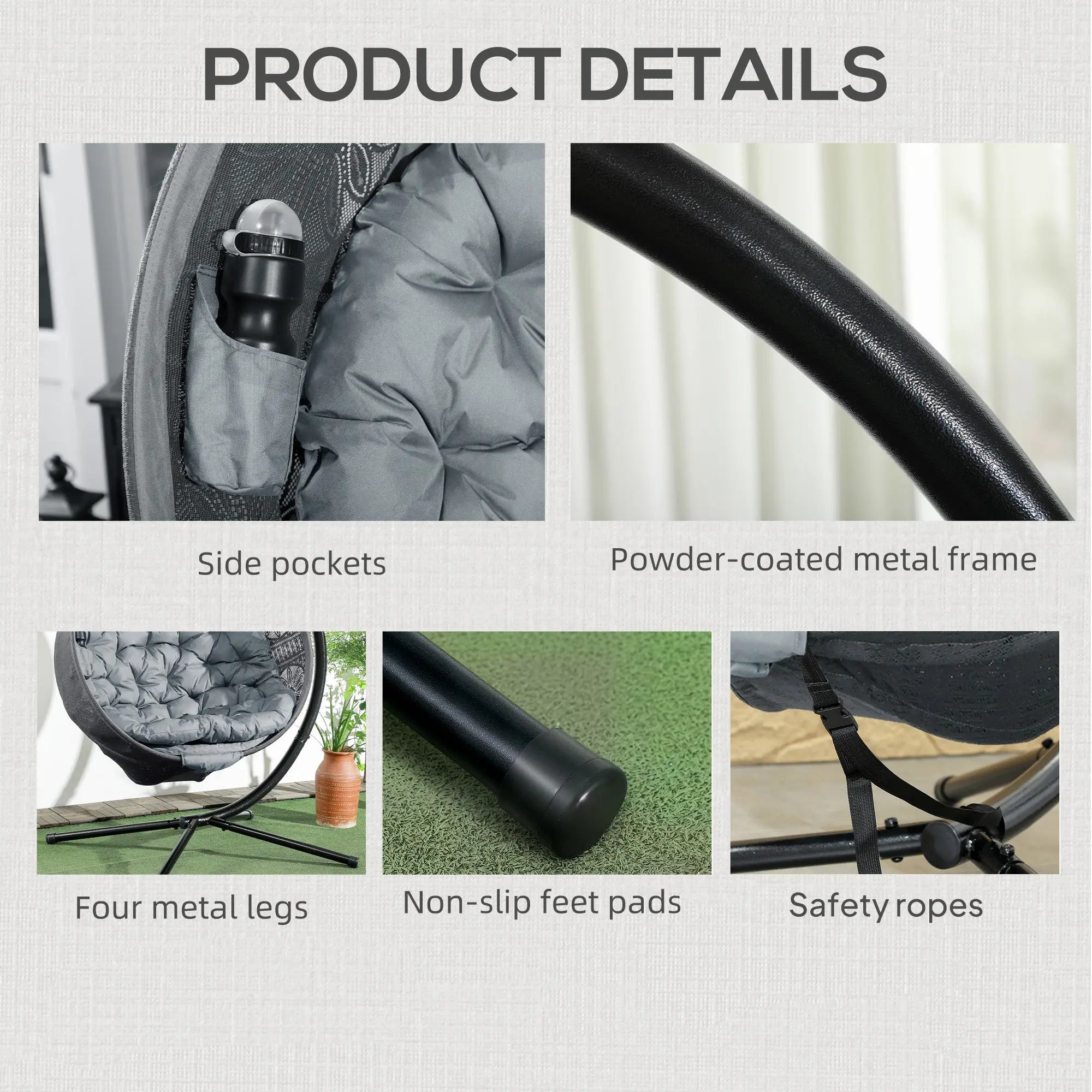 Outsunny Round Egg Basket Chair, with Steel Stand, Charcoal Grey