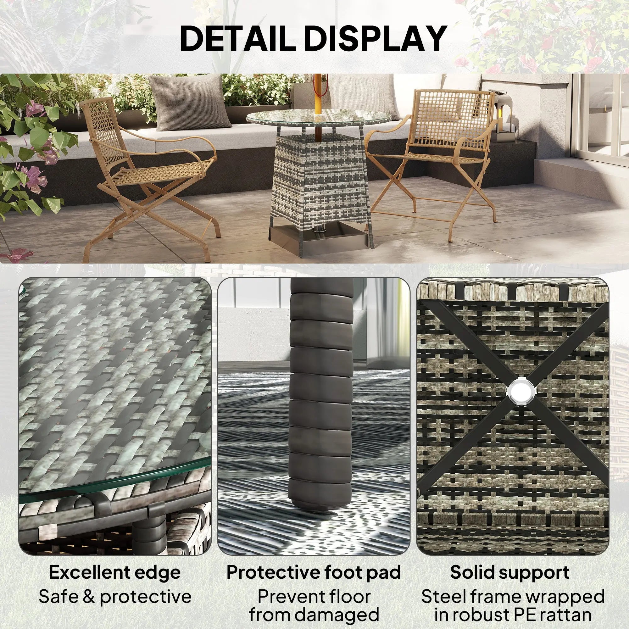 Outsunny Wicker Garden Rattan Table, Patio Furniture Outdoor Coffee Table with Umbrella Hole and Tempered Glass Top, Grey