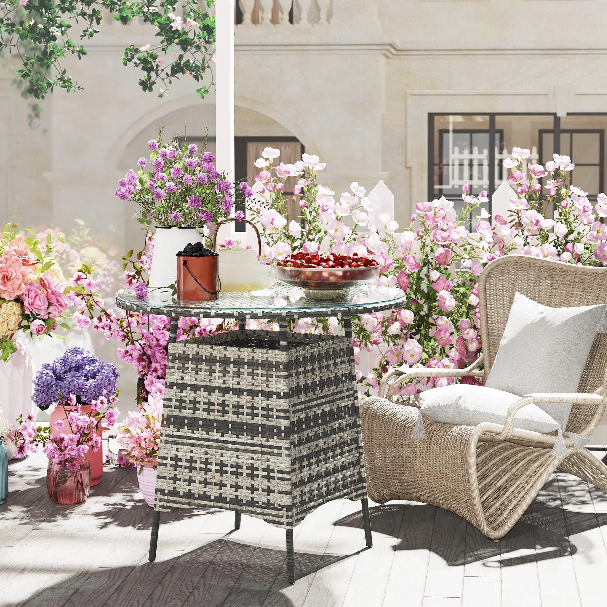 Outsunny Wicker Garden Rattan Table, Patio Furniture Outdoor Coffee Table with Umbrella Hole and Tempered Glass Top, Grey