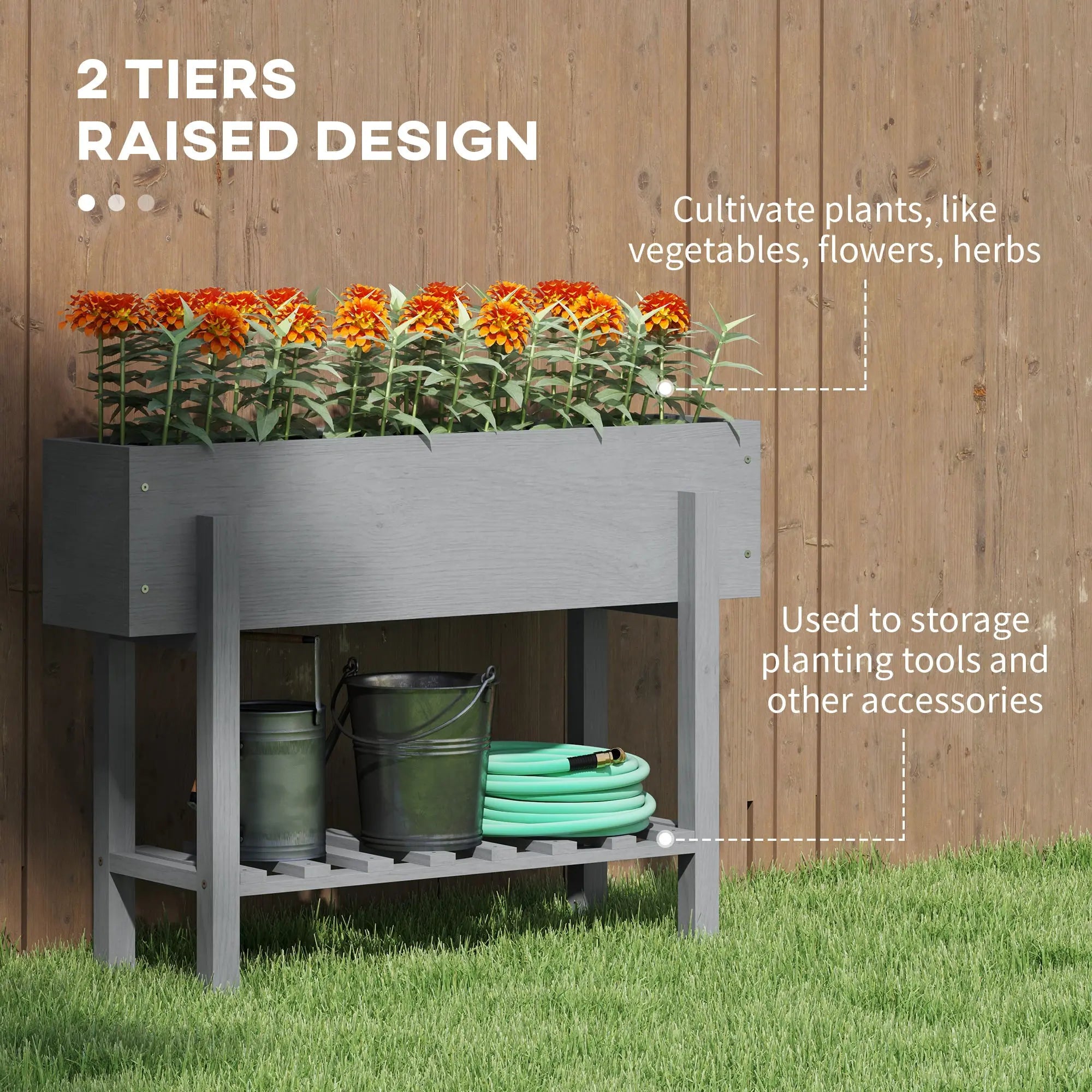 Outsunny Wooden Two-Tier Raised Planter - Grey