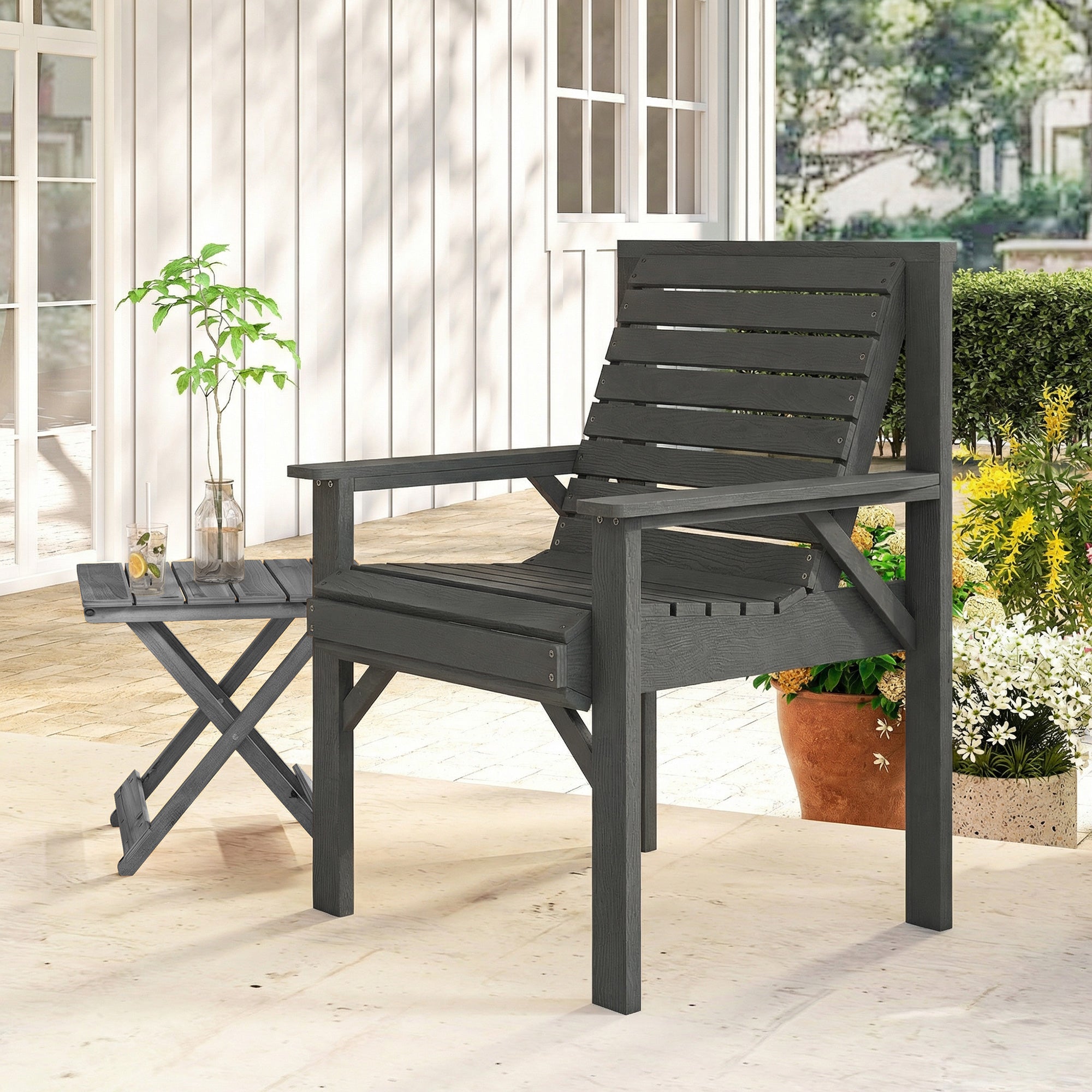Outsunny Wooden Garden Dining Chair, Outdoor Chair Garden Armchair with Curved Seat and Wide Armrests, Grey Embossed Finish