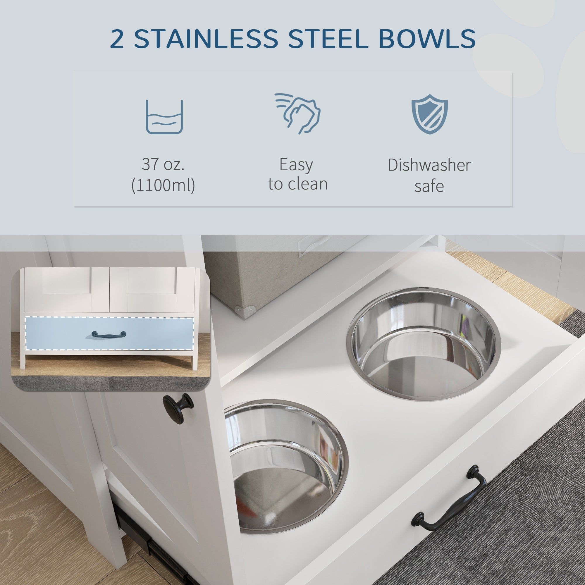 PawHut Pet Feeding Station with Raised Dog Bowls, Adjustable Panel, Hooks, Dog Food Storage Cabinet, White