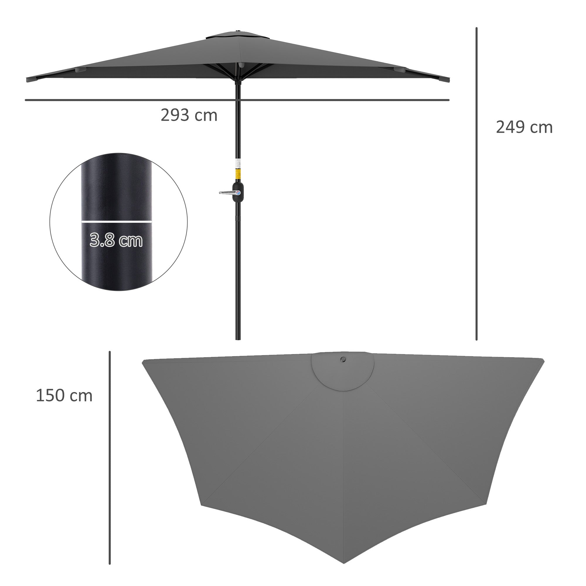 Outsunny 3(m) Half Parasol, Semi Round Umbrella with Metal Frame, Crank Handle for Balcony, Garden, Dark Grey
