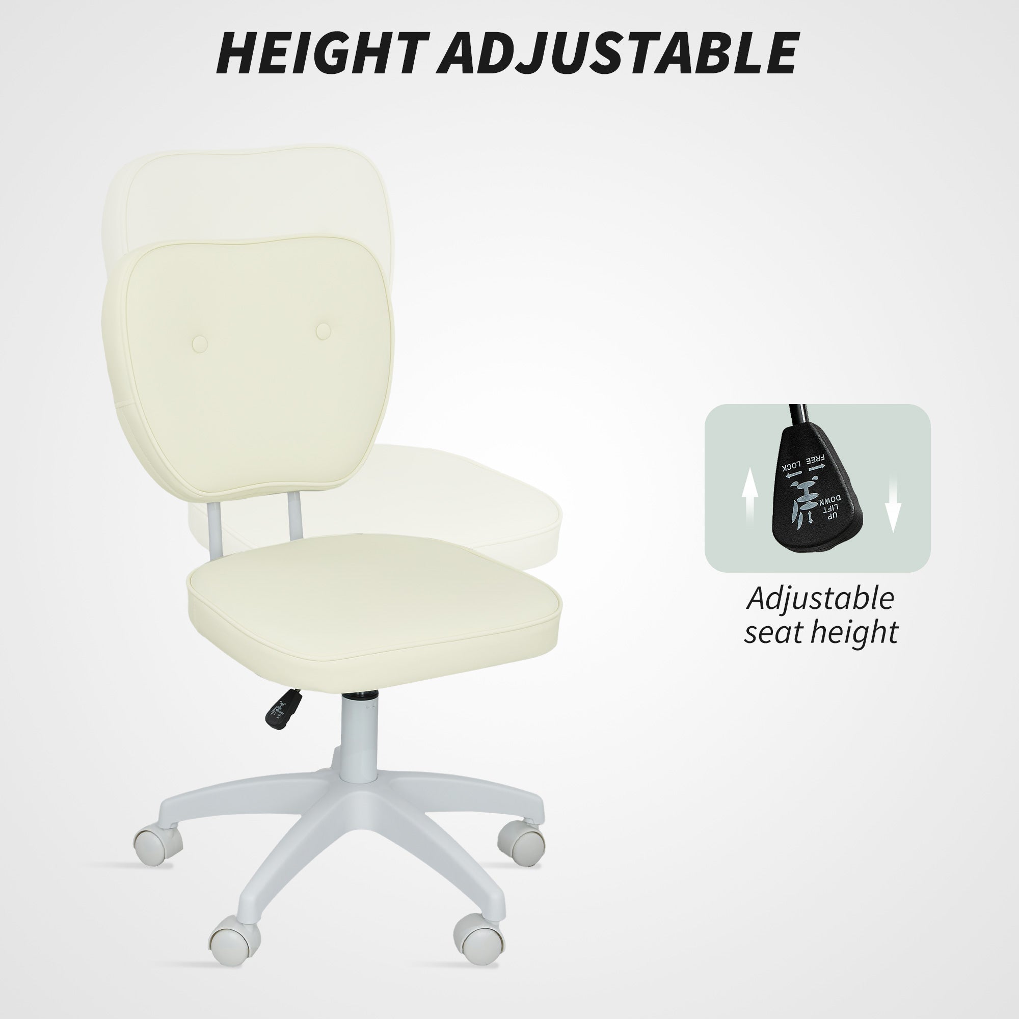 Vinsetto Vanity Office Chair, PU Leather Computer Chair for Home, with Adjustable Height, Armless, Swivel Wheels, Cream