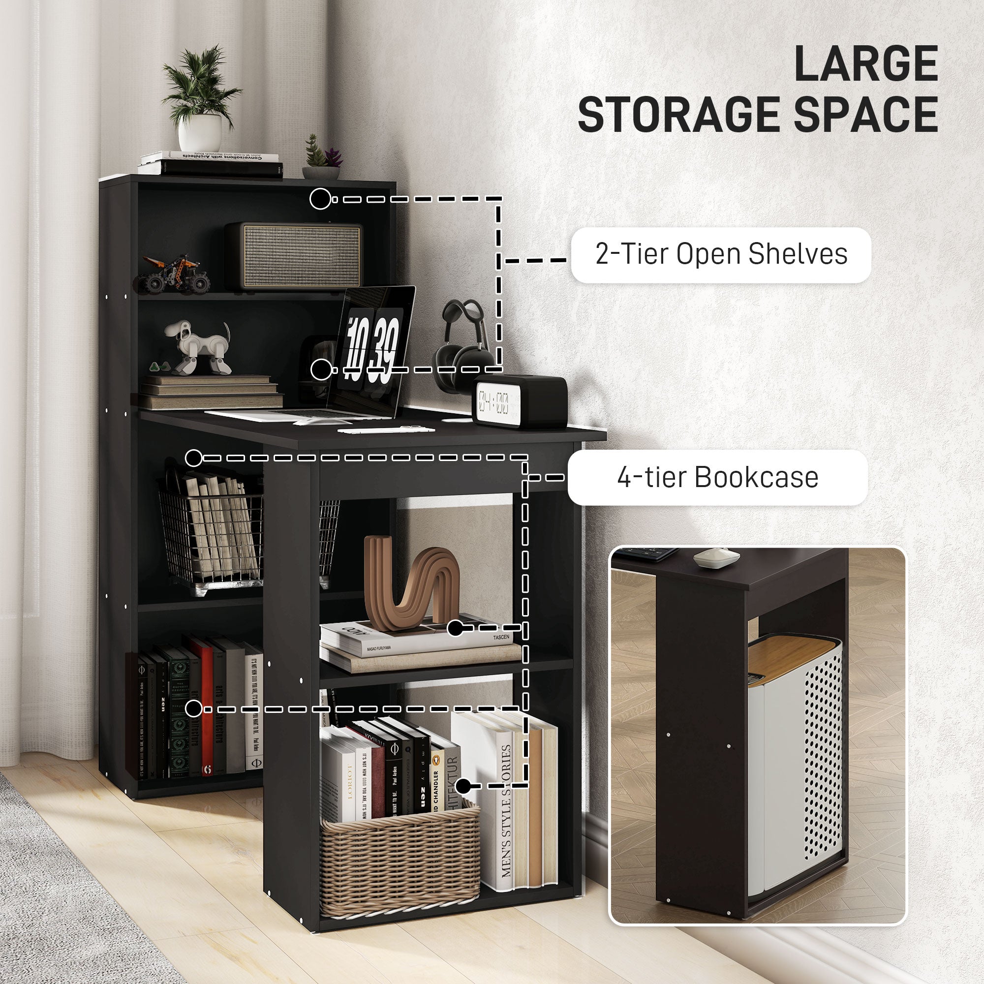 HOMCOM 120cm Modern Computer Desk Bookshelf Study Table Workstation PC Laptop Writing Home Office 6 Shelves, Black