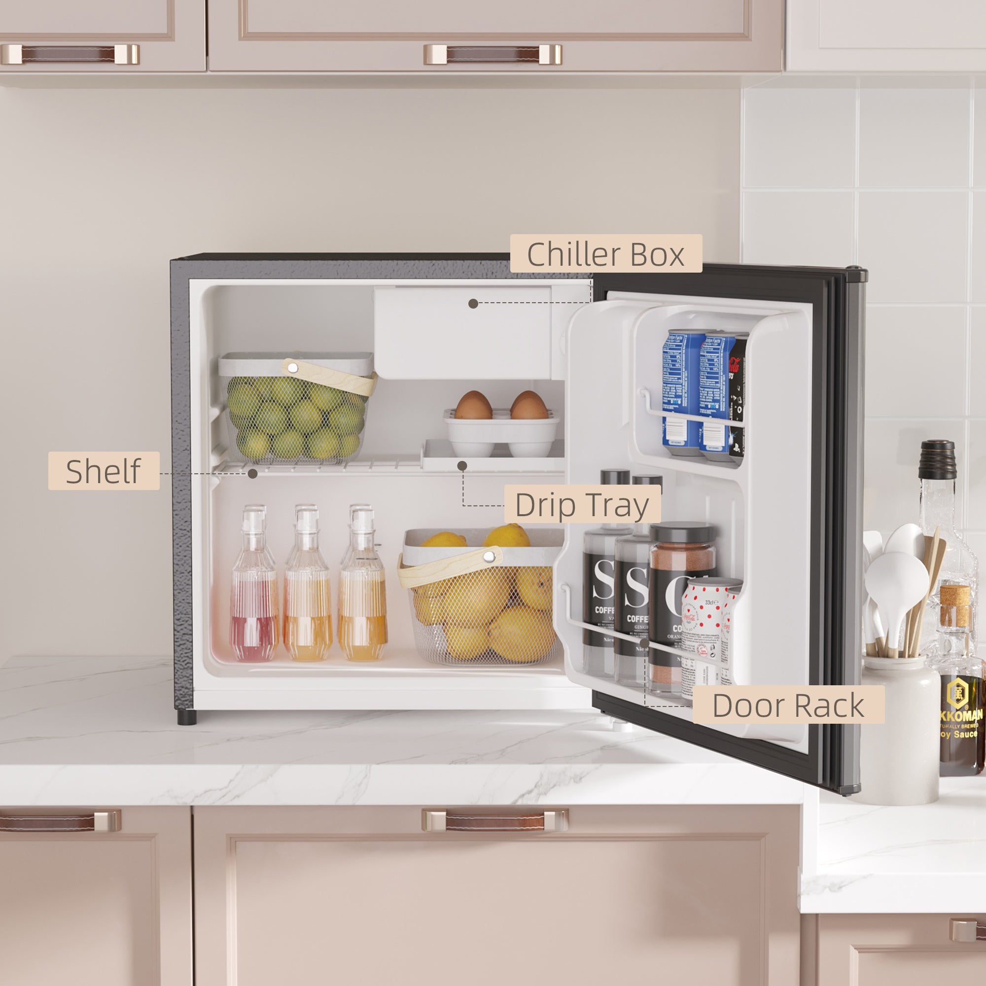 HOMCOM 46 Litre Table Top Mini Fridge, Small Fridge with Ice Box, Reversible Door, Adjustable Temperature and Legs for Bedrooms, Home Office, Black