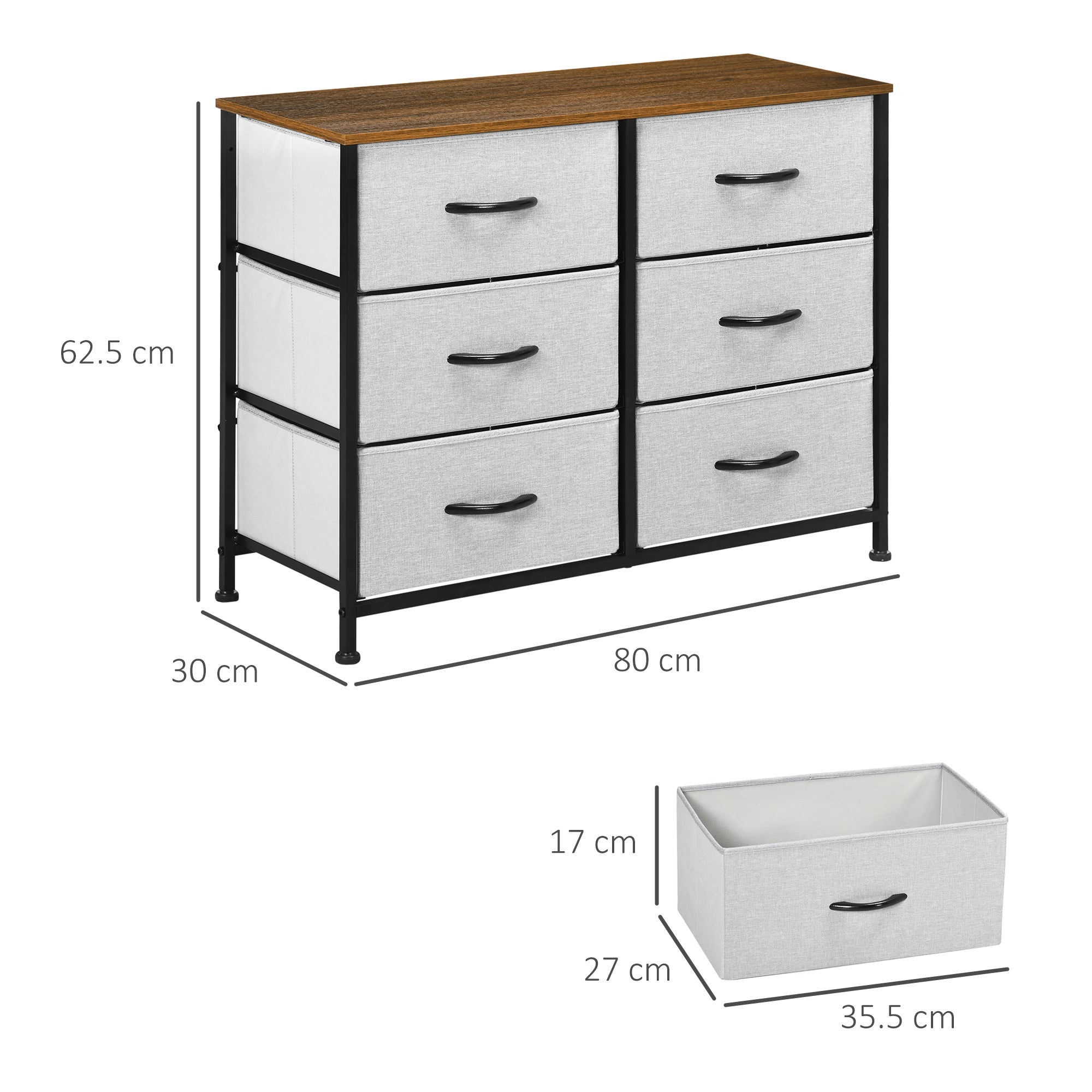 HOMCOM Fabric Chest of Drawers, Industrial Storage Bedroom Dresser with 6 Fabric Drawers, Steel Frame and Wooden Top for Nursery, Living Room, Hallway, Grey