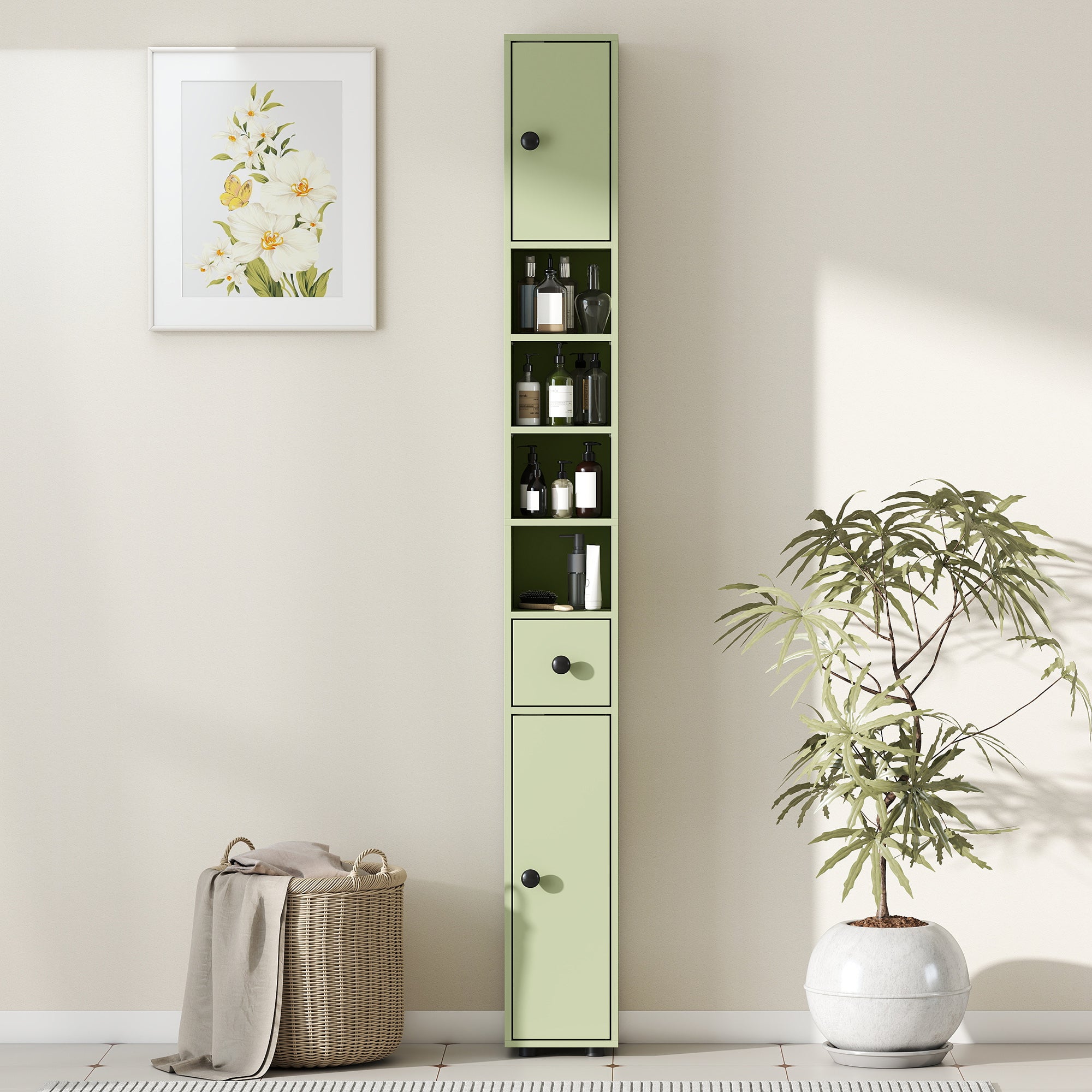 kleankin 180cm Slim Bathroom Cabinet, with Drawer, Shelves and Cupboards - Green