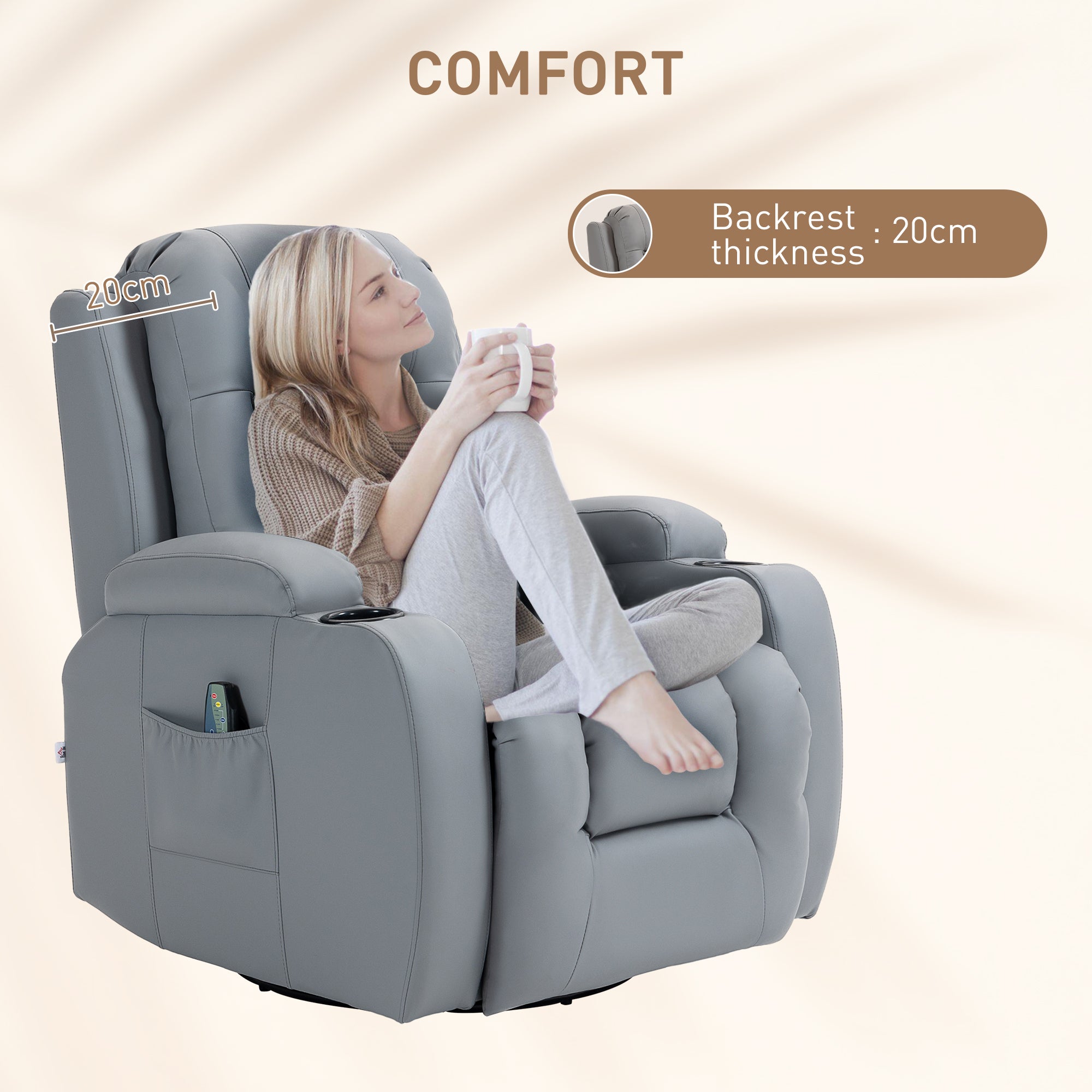 HOMCOM Massage Recliner Chair with 8 Vibration & Heat, PU Leather Recliner Armchair with Cup Holders and Side Pockets, Manual Reclining Chair with Remote, 360\'c2\'b0 Swivel, Rocking, Light Grey
