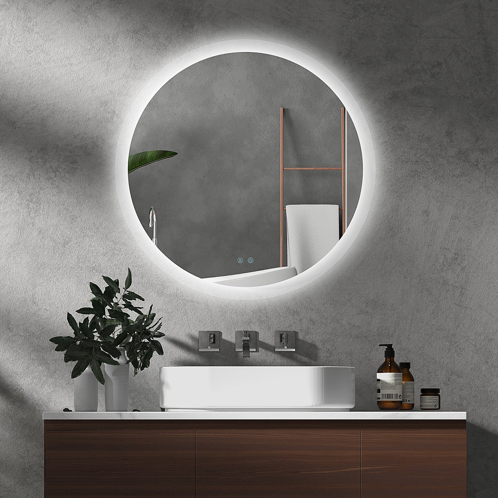 kleankin Round Bathroom Mirror with LED Lights, Wall-Mounted Dimmable Makeup Mirror with 3 Temperature Colours, Defogging Film, Memory Function, Hardwired, 60 x 60\'c2\'a0cm