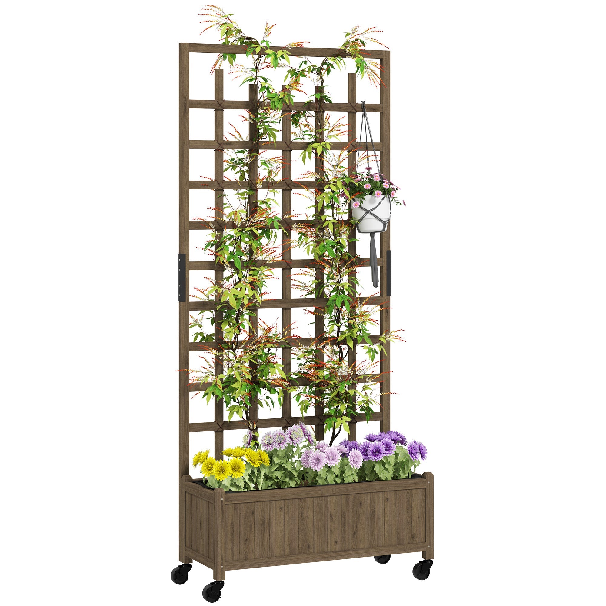 Outsunny Wooden Trellis Planter, Raised Garden Bed with Wheels, to Climb and Grow Vegetables, Herbs and Flowers, Brown