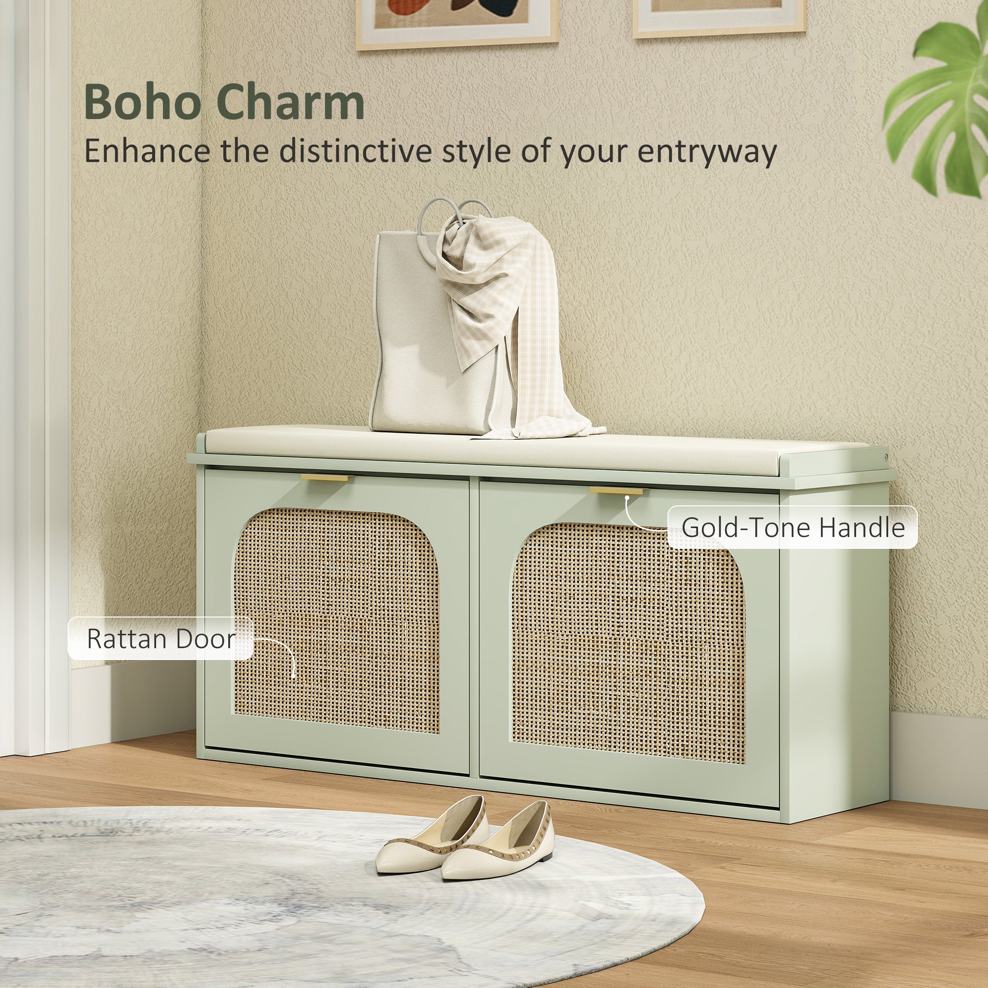 HOMCOM Boho Shoe Bench with Padded Seat and 2 Flip-Drawers - Light Green