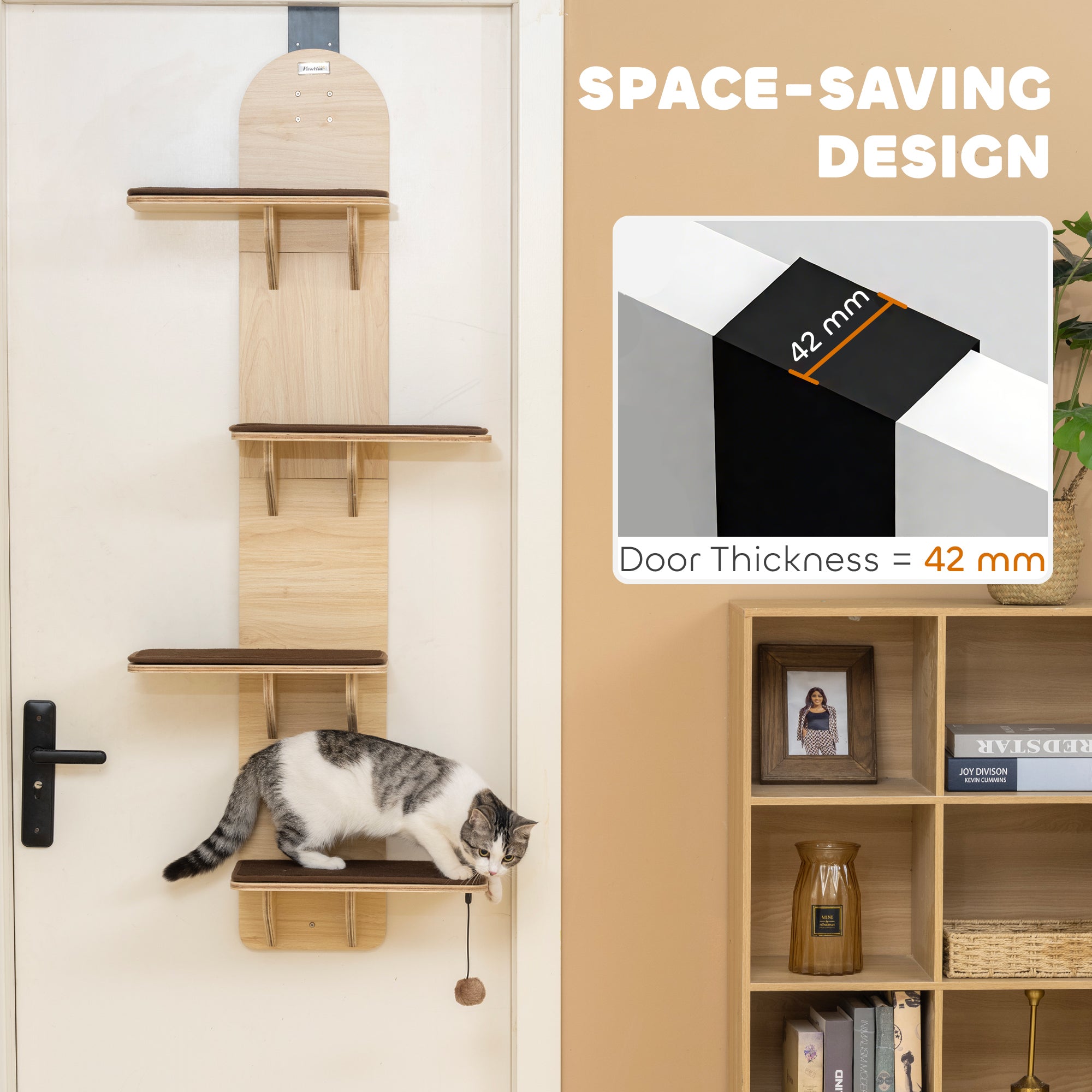 PawHut 4-Level Door Mounted Cat Tree with Washable Plush Mats, Toy Balls, Door Hanging Cat Shelf for Indoor Cats