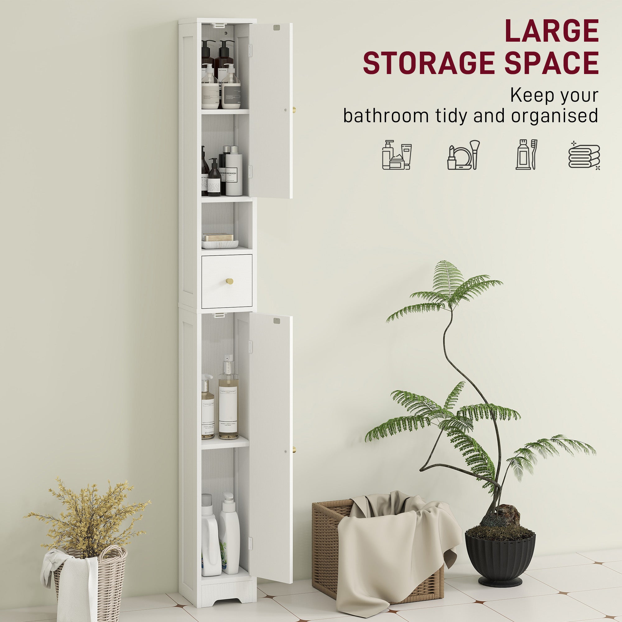 HOMCOM 185 cm Tall Bathroom Cabinet with Arched Doors - White