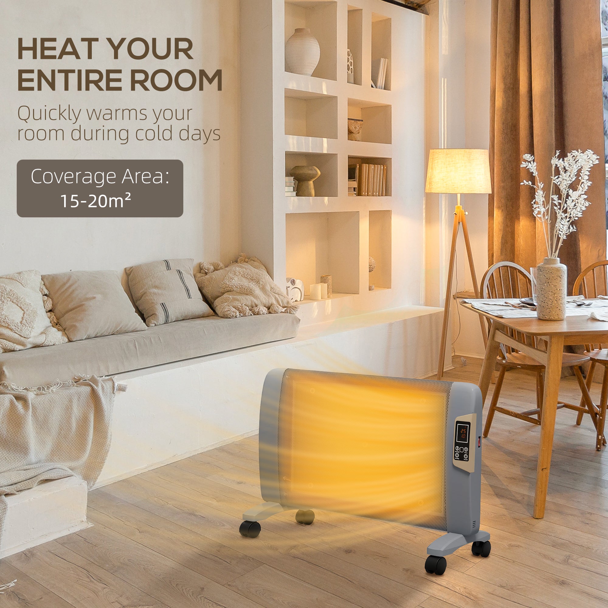 HOMCOM Mica Electric Space Heater, Portable Heater for Home with 2 Heat Settings, Living Room, Study, Garage, Adjustable Temperature 18-30\'c2\'b0C, 1000W/2000W, Grey