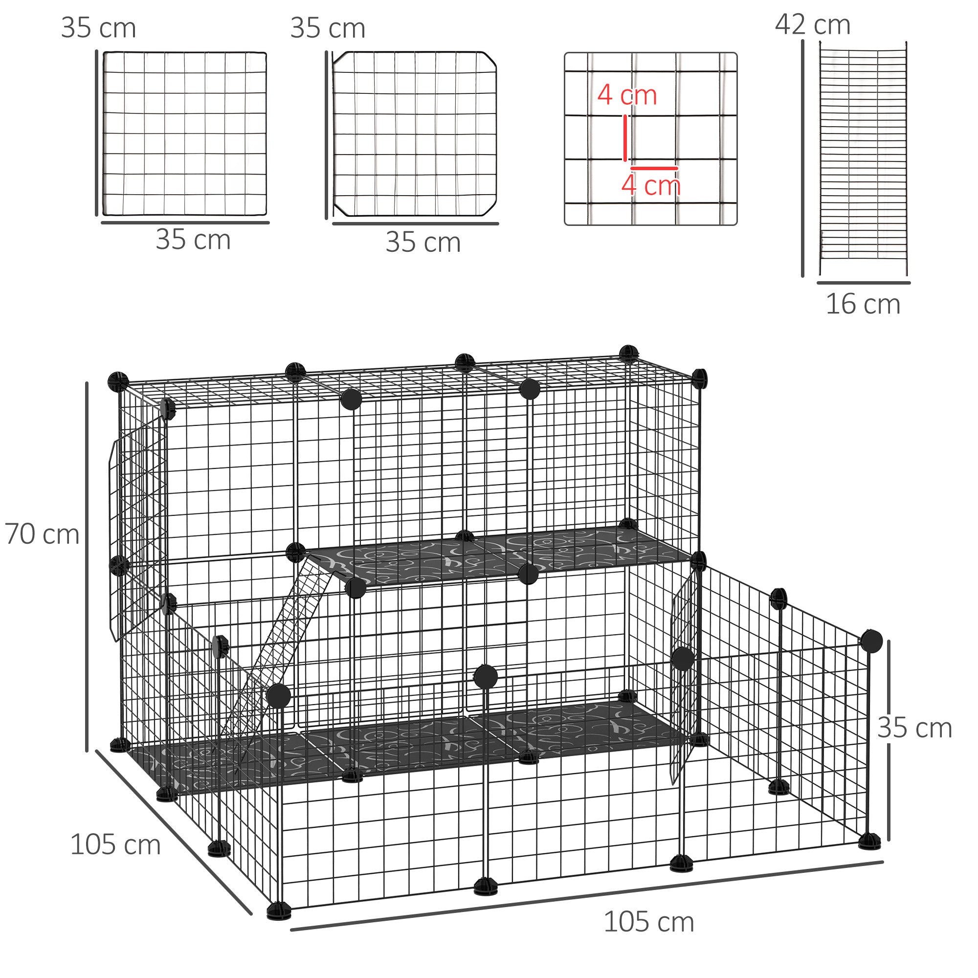 PawHut Pet Playpen w/ Door Customisable Fence for Guinea Pigs Chinchillas Hedgehogs - Black