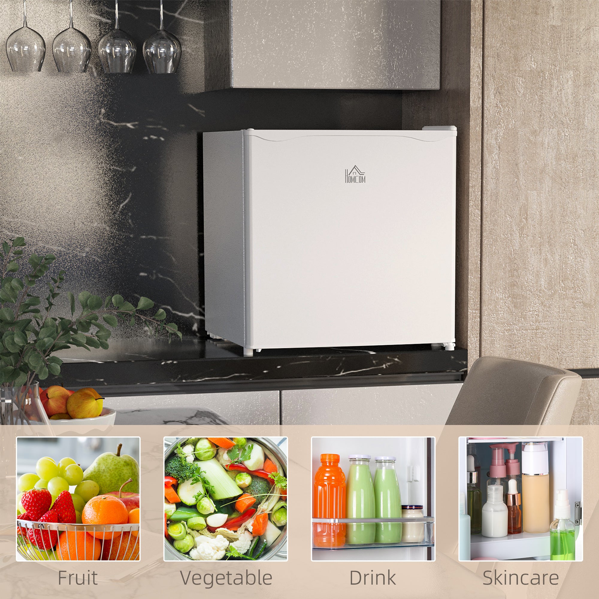 HOMCOM 46 Litre Table Top Mini Fridge, Small Fridge with Ice Box, Reversible Door, Adjustable Temperature and Legs for Bedrooms, Home Office, Cream