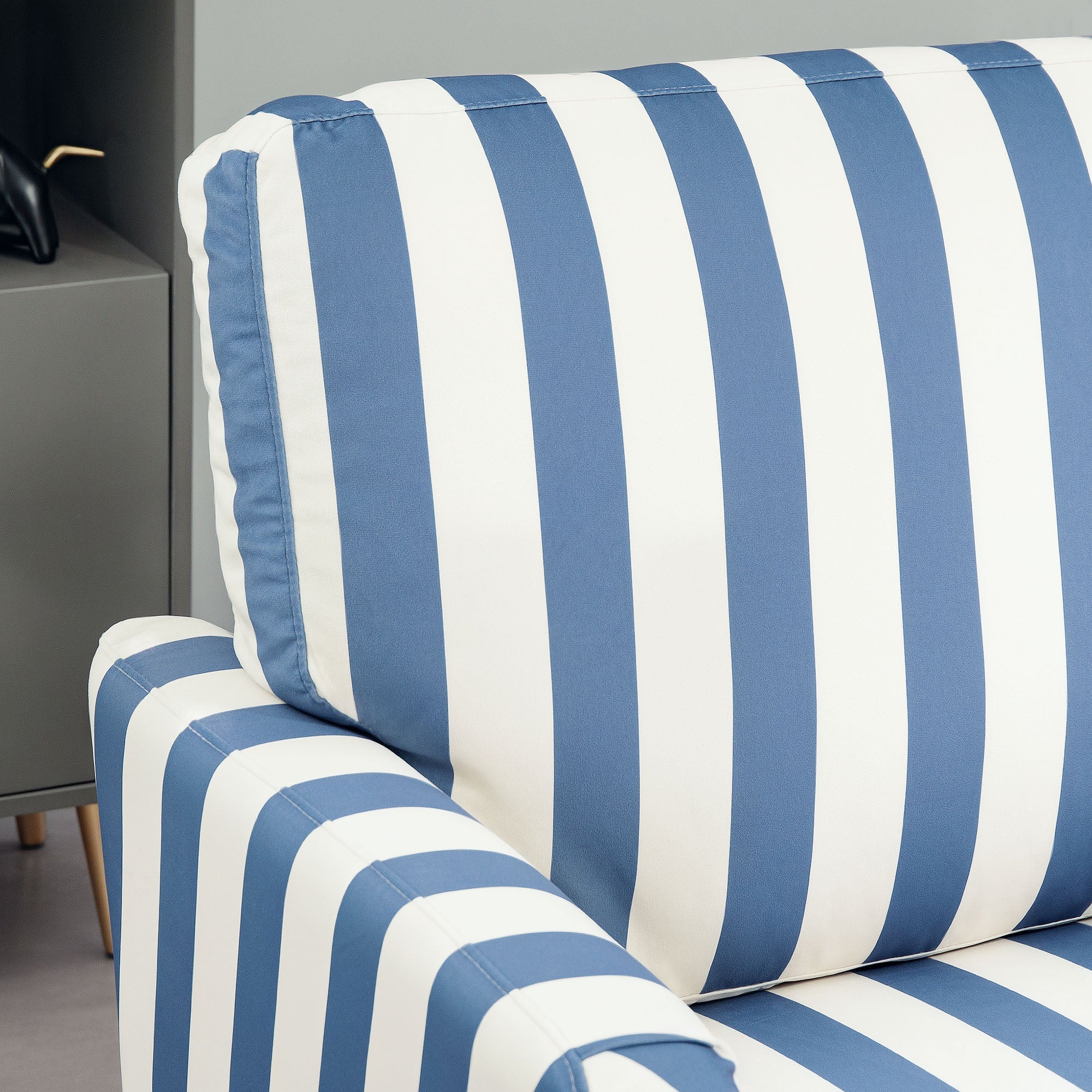HOMCOM Modern Accent Chair, Velvet Armchair with Stripe, Turned Legs and Wide Seat, Upholstered Snuggle Chair for Living Room, Bedroom, Blue and White