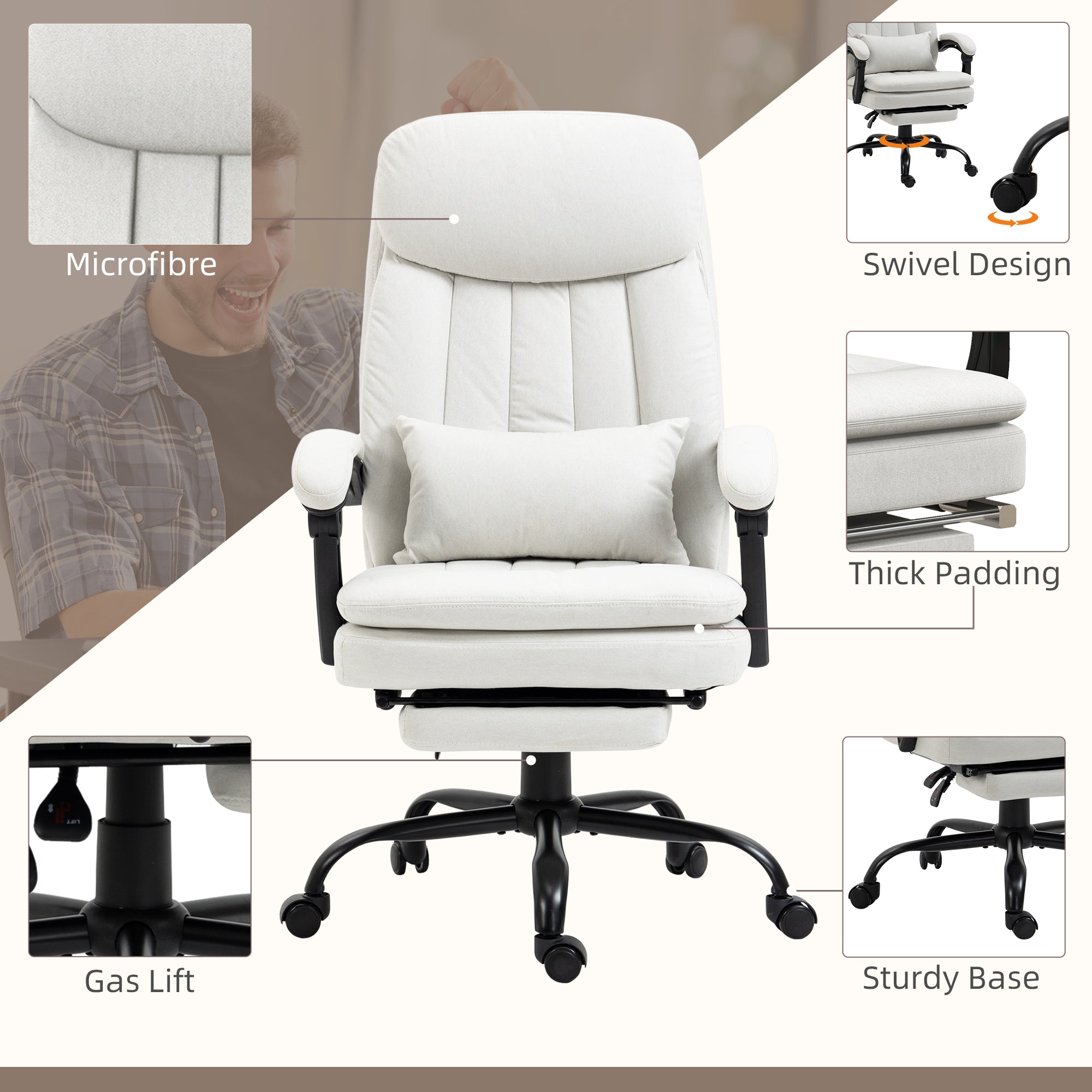 Vinsetto Office Chair, Ergonomic Desk Chair with 6-Point Vibration Massage and Lumbar Heating, Computer Chair with Lumbar Support Pillow, 155\'c2\'b0 Reclining Back and Footrest, Cream White