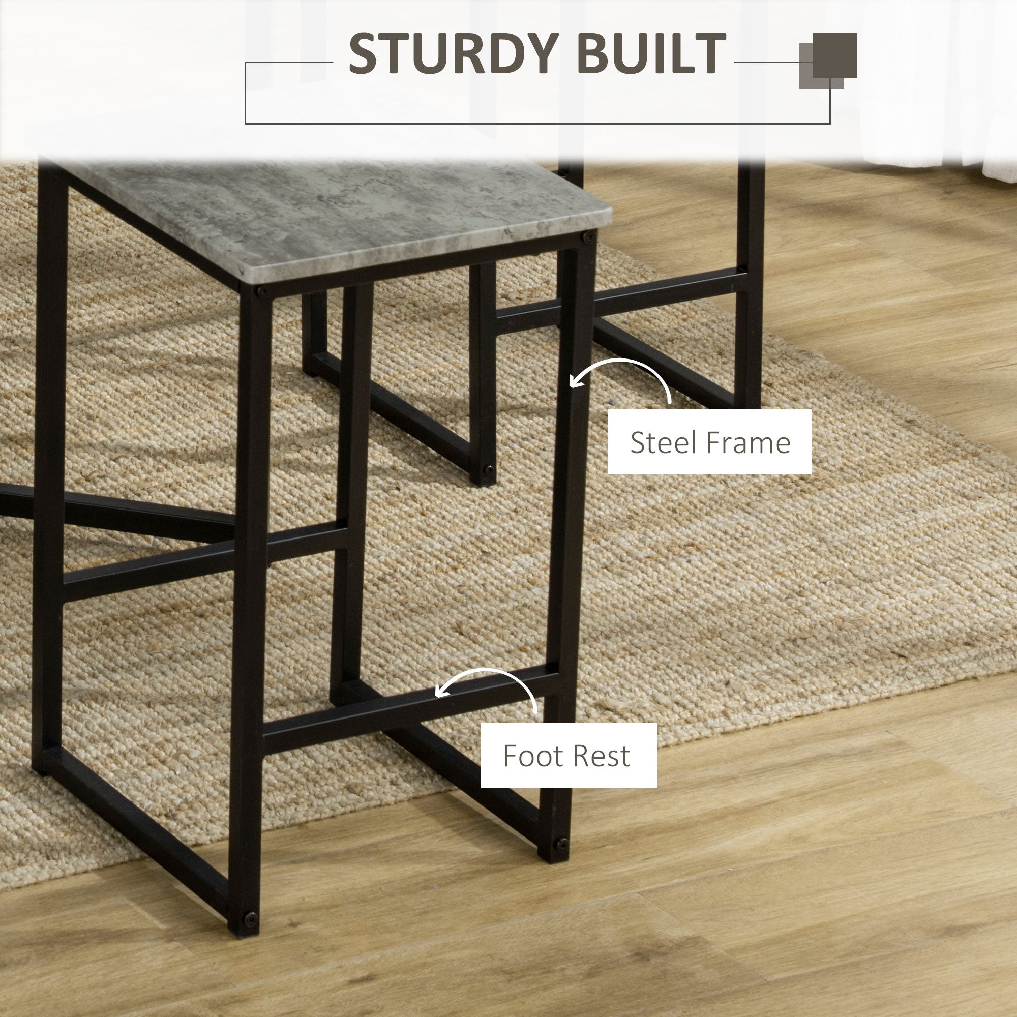 HOMCOM 5pc Bar Table Set, Square Dining Table Set for 4 People, Home Kitchen Breakfast Bar Set with Steel Frame and Footrest, Concrete Grey