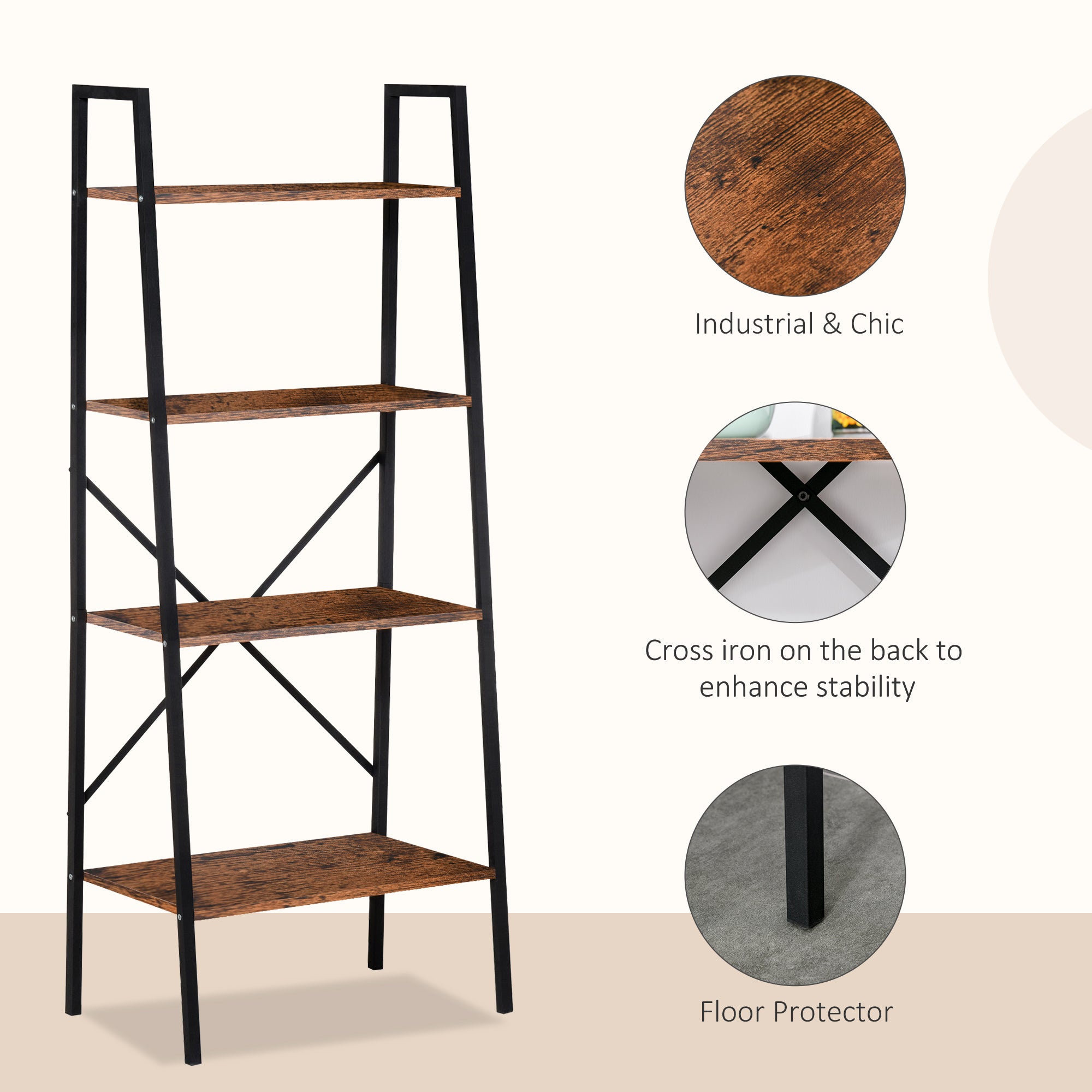 HOMCOM Bookcase 4-Tier Vintage Ladder Shelf with Wood Storage Rack, Stand Plants Display, Black and Brown