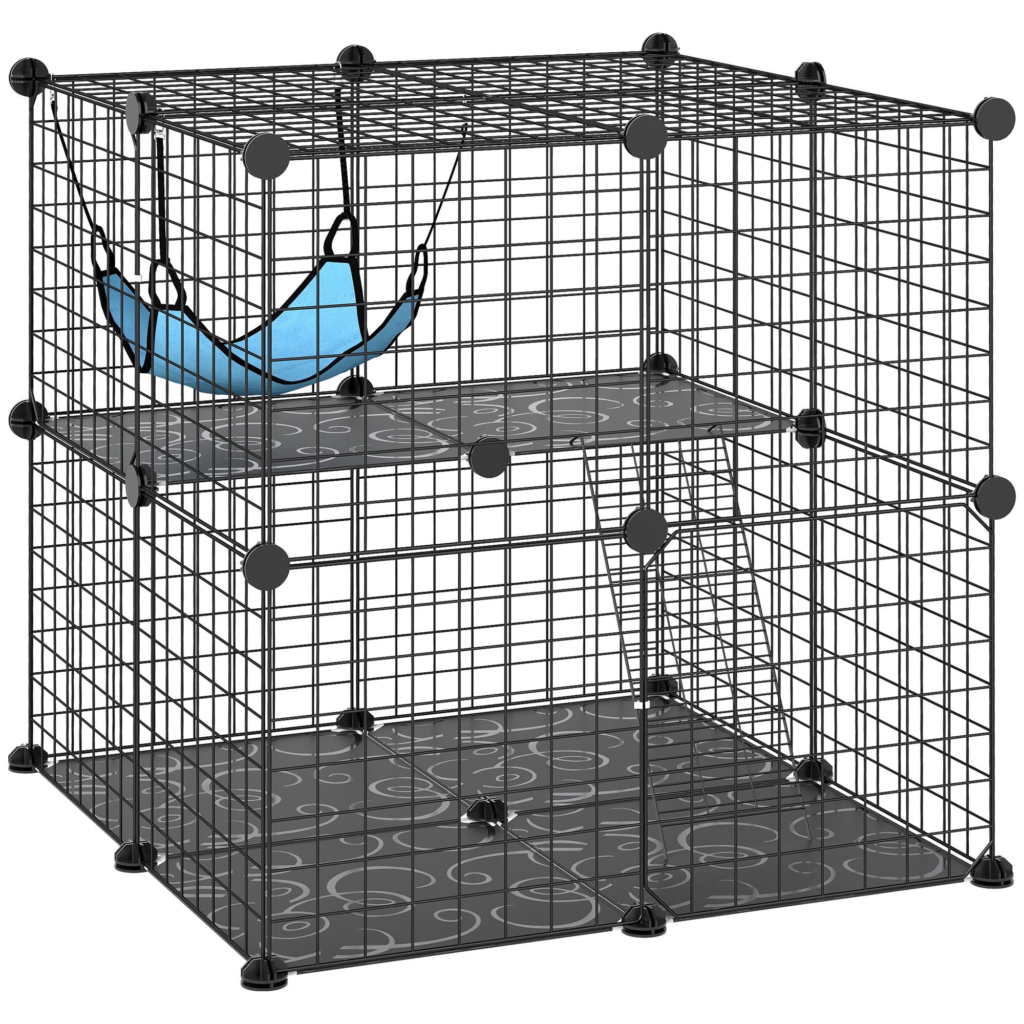 PawHut Indoor Cat Cage DIY Customizable 2-Tier Indoor Cat Enclosure with 2 Doors and Hammock 70 cm Black