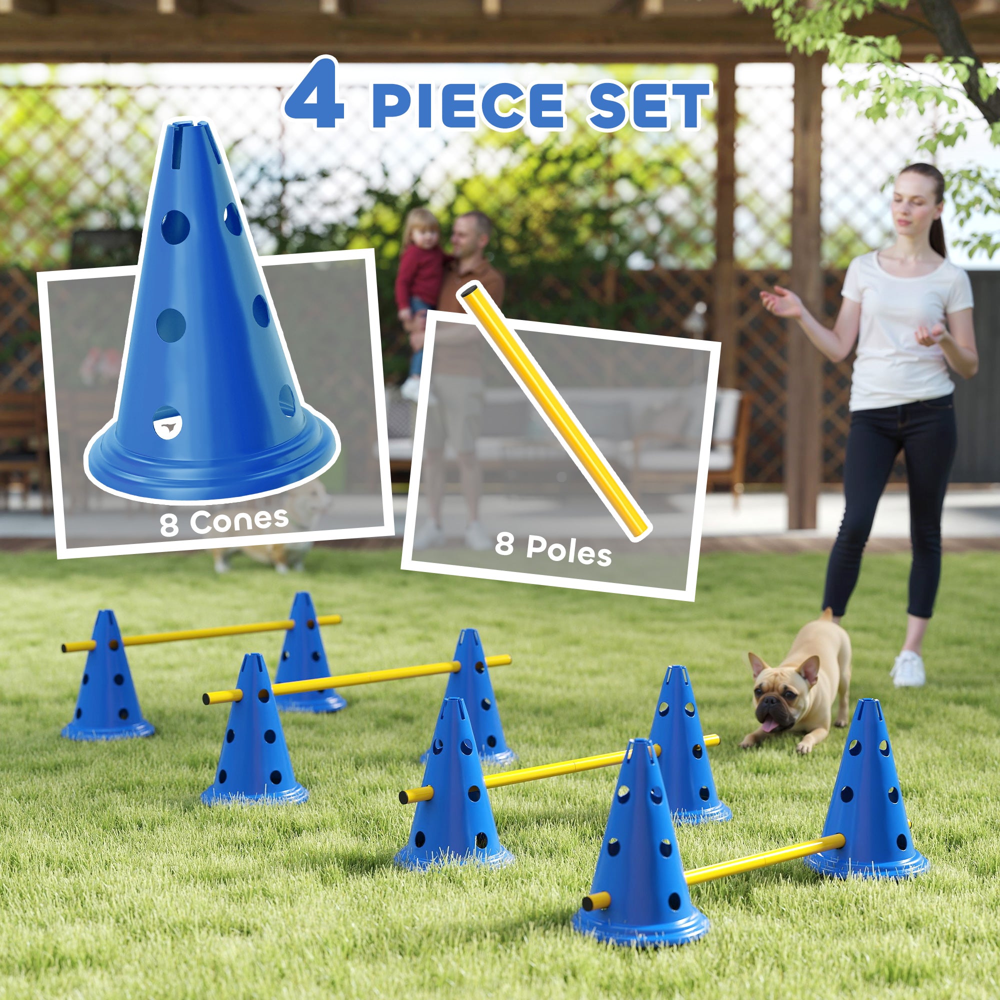 PawHut Dog Agility Equipment Set of Eight Cones, Eight Poles w/ Carry Bag, Four-Piece Adjustable Height Jumping Obstacles Blue