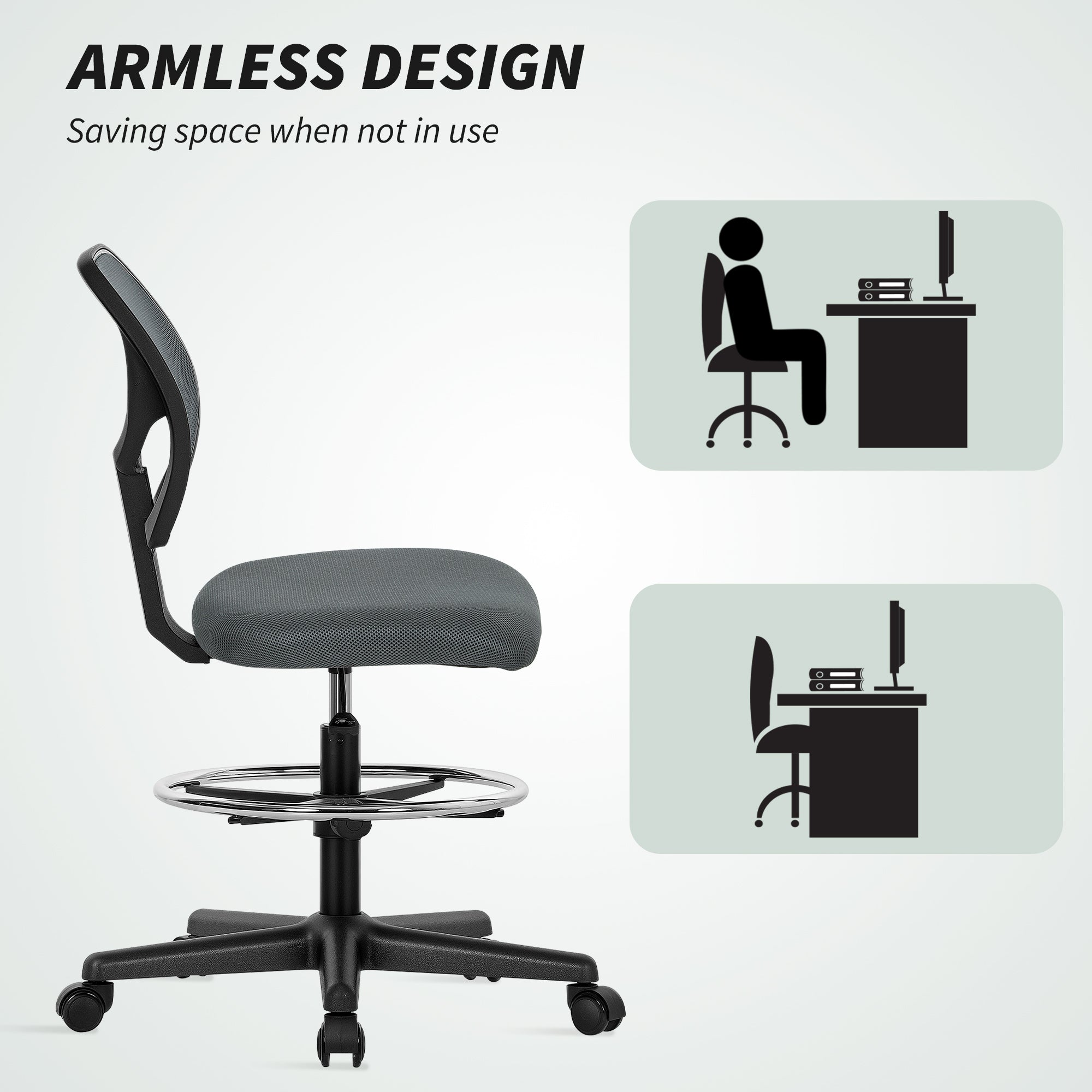 Vinsetto Ergonomic Mesh Standing Desk Chair with Adjustable Footrest Ring and Seat Height Charcoal Grey