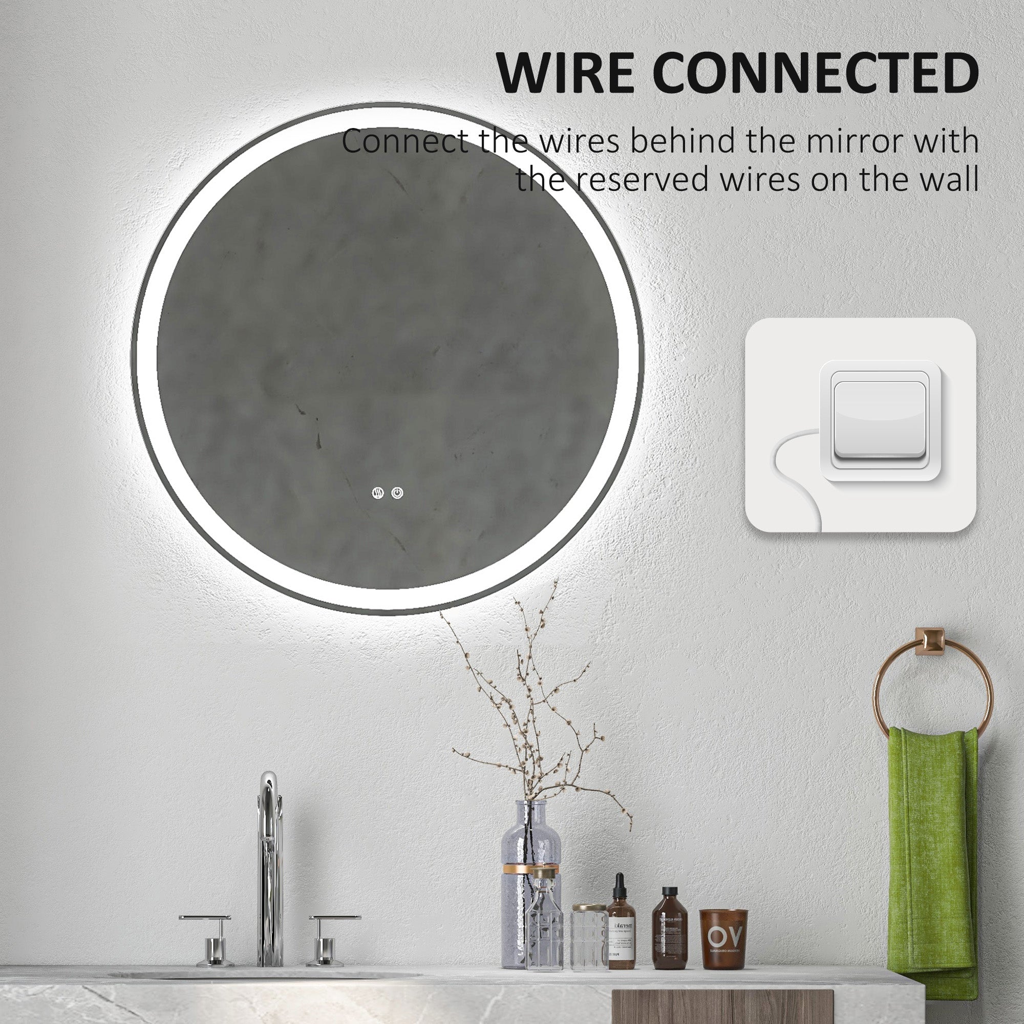 kleankin Round Bathroom Mirror with LED Lights, Wall Mount Dimmable Makeup Mirror with 3 Temperature Colours, Defogging Film and Memory Function, Frameless, Hardwired, 60 x 60\'c2\'a0cm