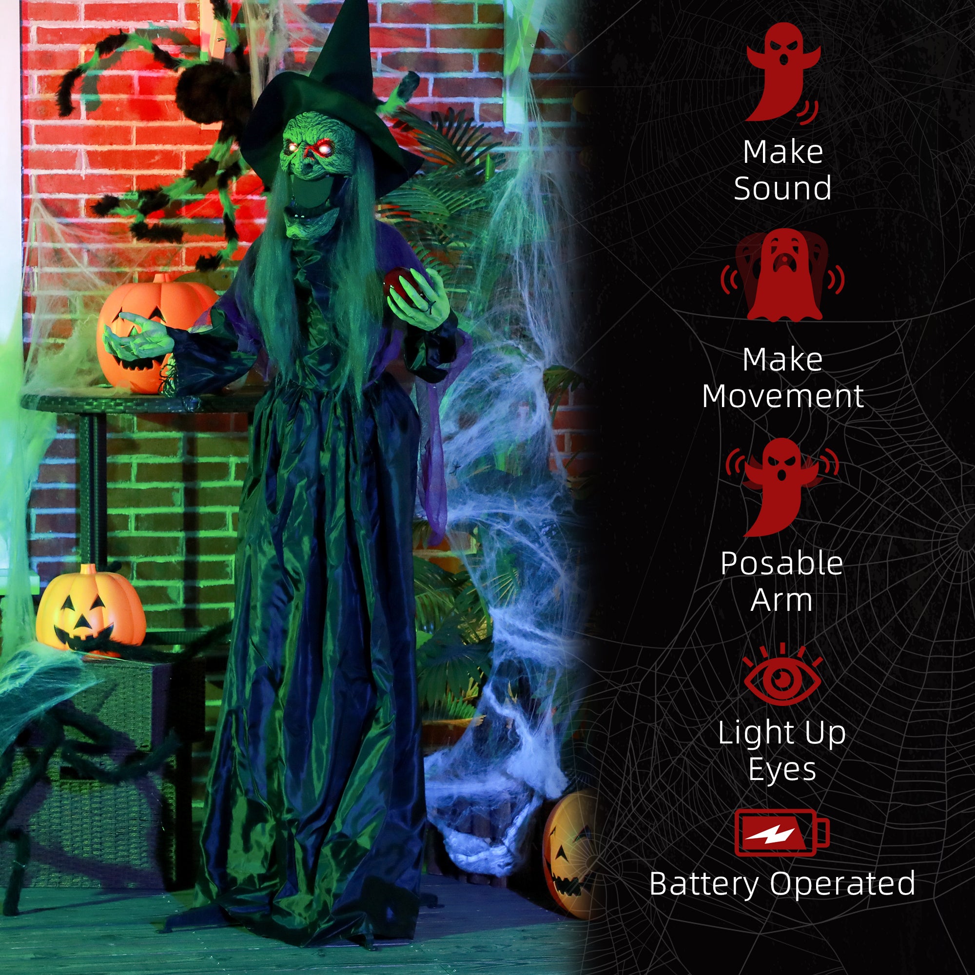 HOMCOM 180 cm Life Size Halloween Animated Standing Witch, Spooky Witch with Glowing LED Eyes, Battery Operated