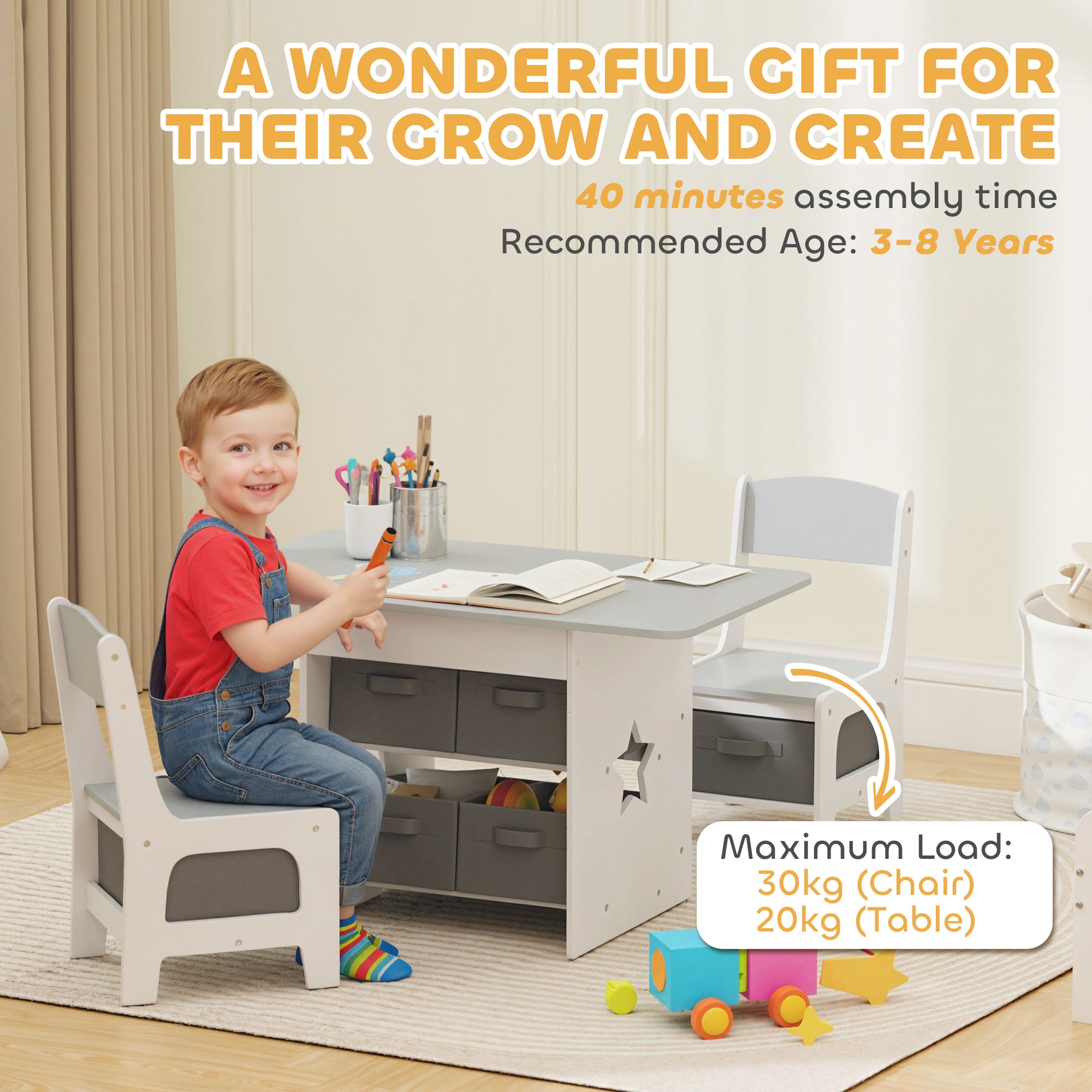 AIYAPLAY Kids Table and Chair Set, Toddler Table and 2 Chairs Set with 6 Removable Drawers, for Boys Girls Ages 3-8, Light Grey