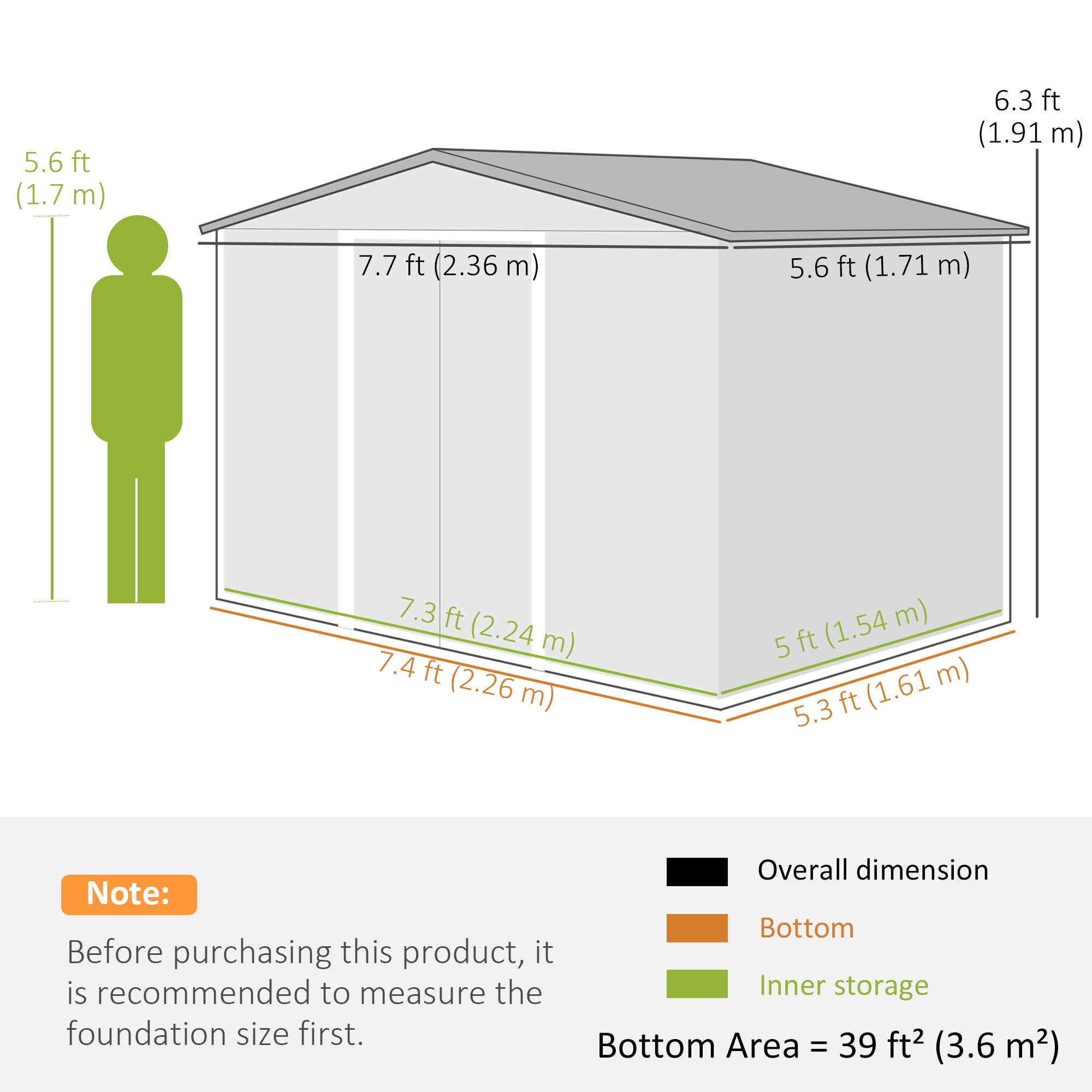 Outsunny 8 x 6ft Galvanised Steel Shed, with Double Door - Light Grey