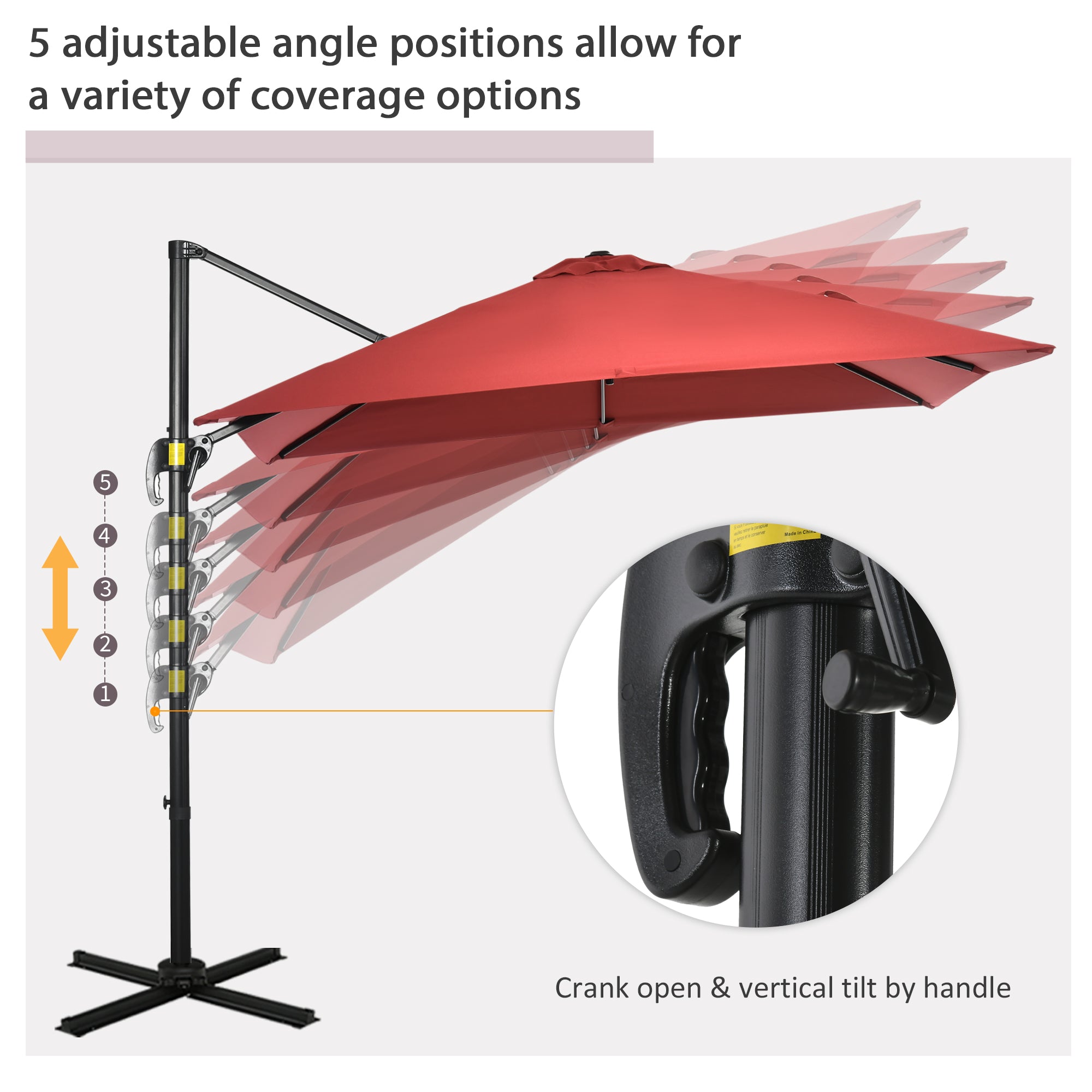 Outsunny 2.5 x 2.5m Patio Offset Parasol Umbrella Cantilever Hanging Aluminium Sun Shade Canopy Shelter 360\'c2\'b0 Rotation with Crank Handle and Cross Base, Wine Red