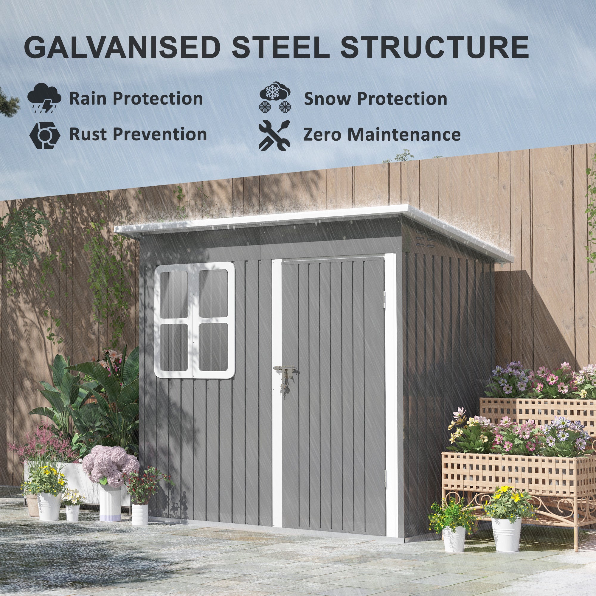 Outsunny 7 x 4ft Galvanised Steel Garden Shed, with Lock and Gloves - Grey