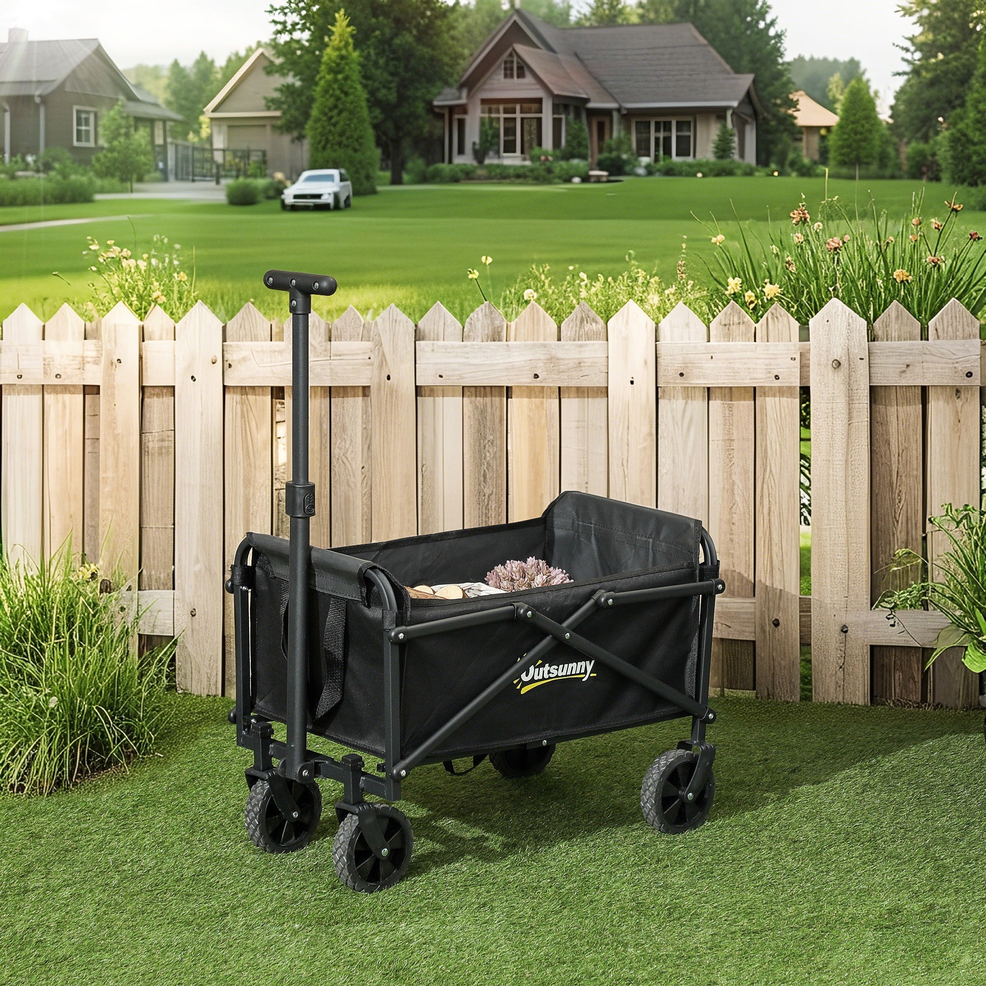 Outsunny 41L Festival Trolley on Wheels, Small Garden Folding Trolley Cart, 60kg Heavy Duty Collapsible Folding Wagon with Adjustable Handle and Carrying Bag for Beach, Camping, Festival, Black