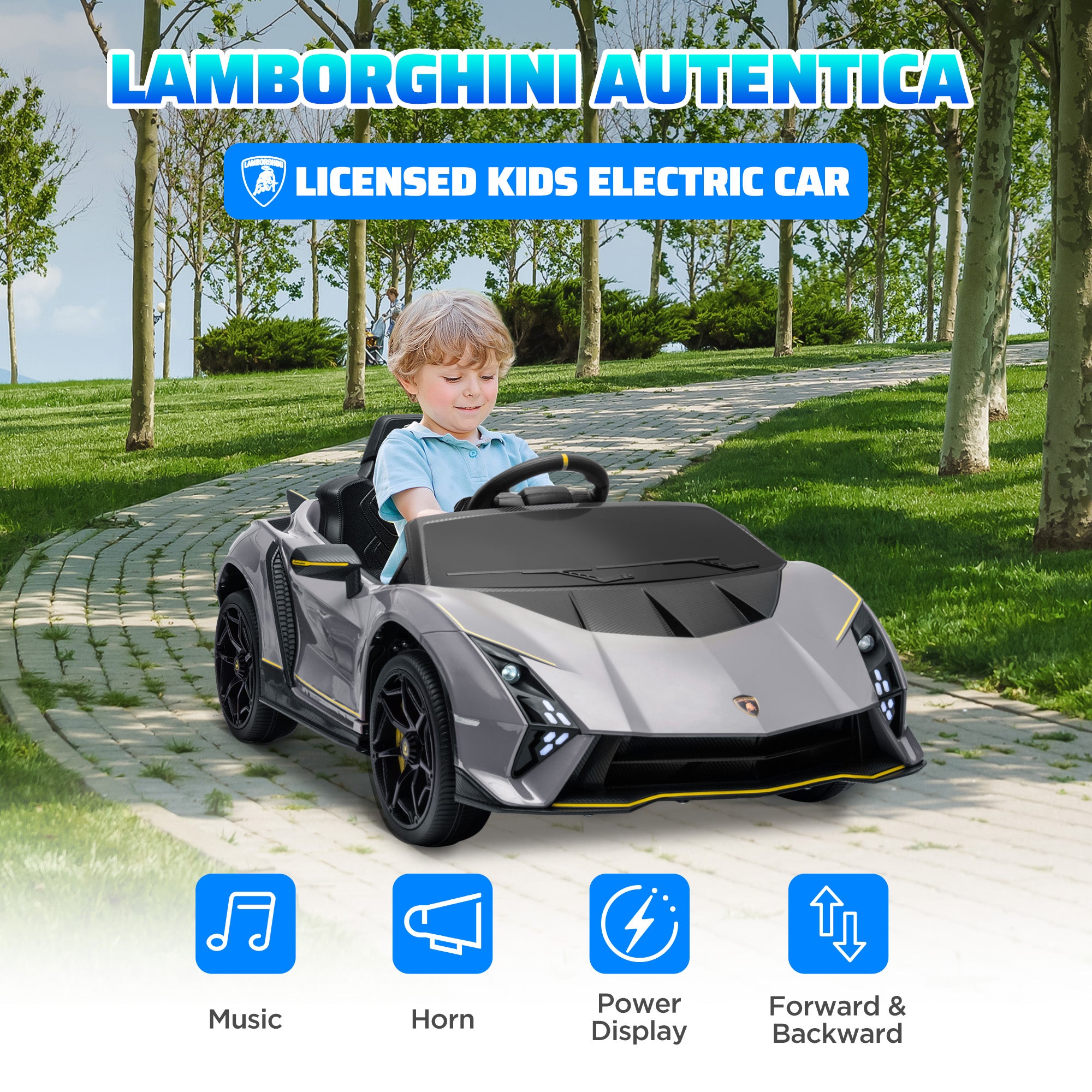 AIYAPLAY 12V Lamborghini Autentica Licensed Kids Electric Car with Remote Control, Four Suspension Wheels, Soft Start, Grey