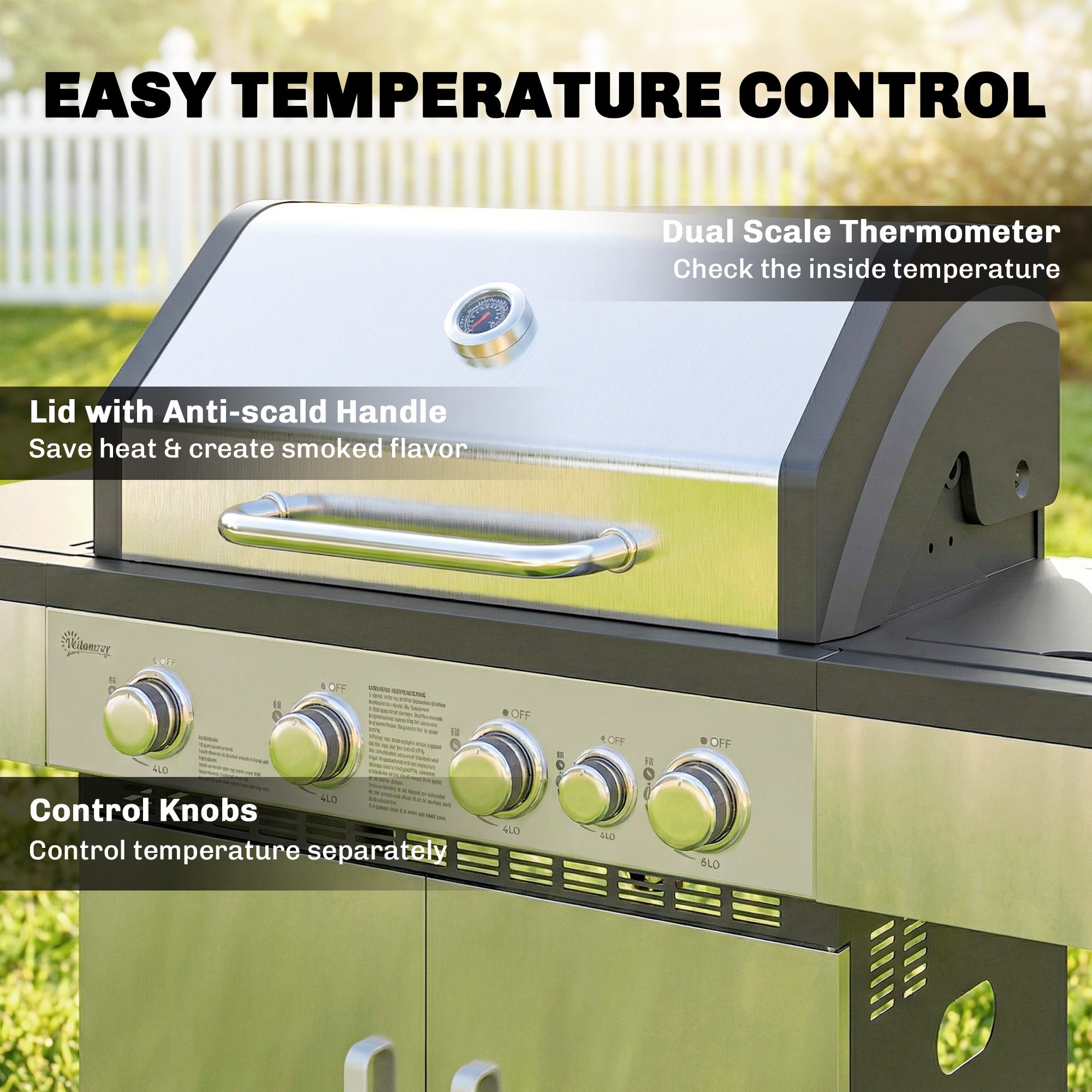 Outsunny 4+1 Burner Gas BBQ Grill, Portable Gas Barbecue Grill with Side Burner, Warming Rack, Side Shelf, Storage Cabinet