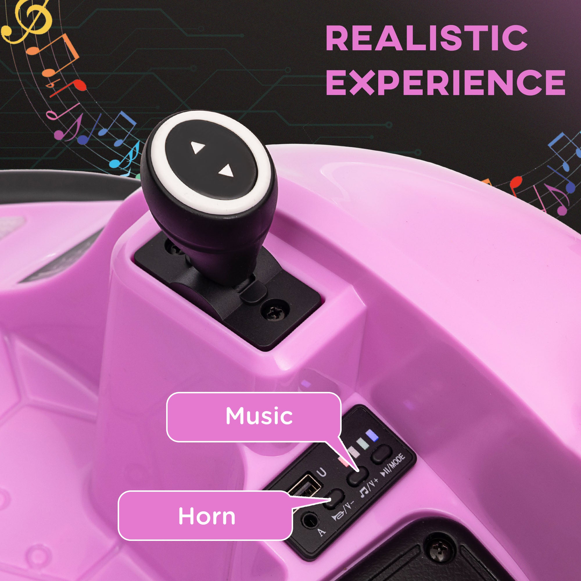 AIYAPLAY 360\'c2\'b0 Rotation Kids Bumper Car, 12V Waltz Car with Remote Control, Dual Joystick, Music, Lights, Pink