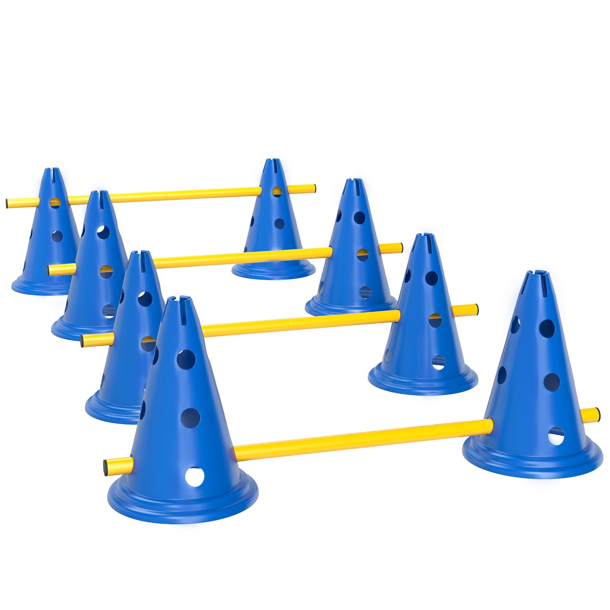 PawHut Dog Agility Equipment Set of Eight Cones, Eight Poles w/ Carry Bag, Four-Piece Adjustable Height Jumping Obstacles Blue